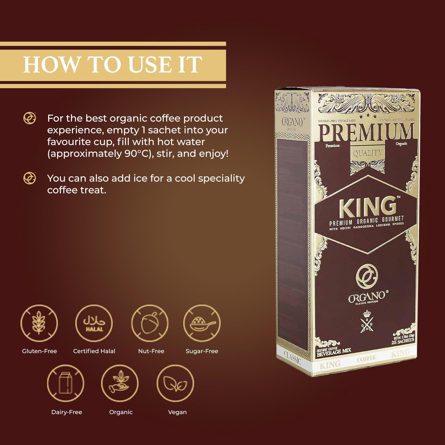 ORGANO King of Coffee, 100% Certified Ganoderma Lucidum (25 Sachets)