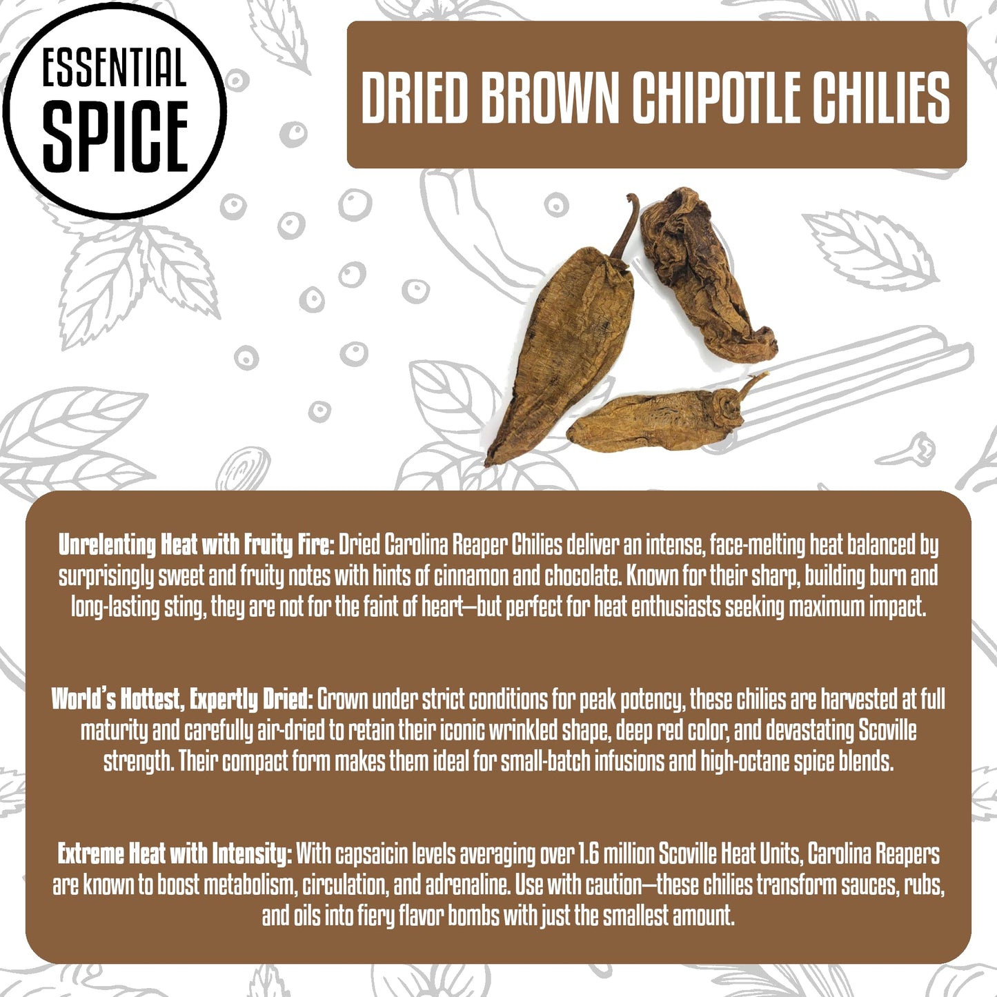 Essential Spice Dried Brown Chipotle Chilies - Smoked Jalapeños with Bold Heat & Deep Smoky Flavor - Whole Dried Pods for Salsas, Marinades, Stews