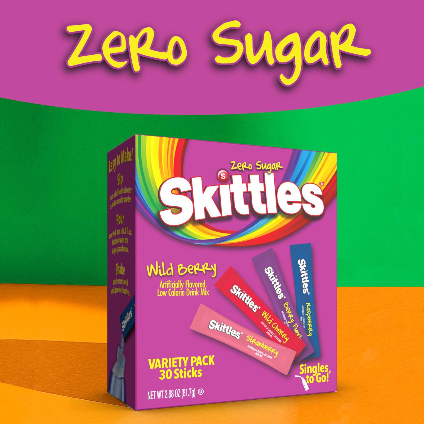 Skittles Singles To Go Wild Berry Variety Pack, Watertok Powdered Drink Mix, Zero Sugar, Low Calorie, Includes 4 Wild Berry Flavors, 1 Box (30 Single