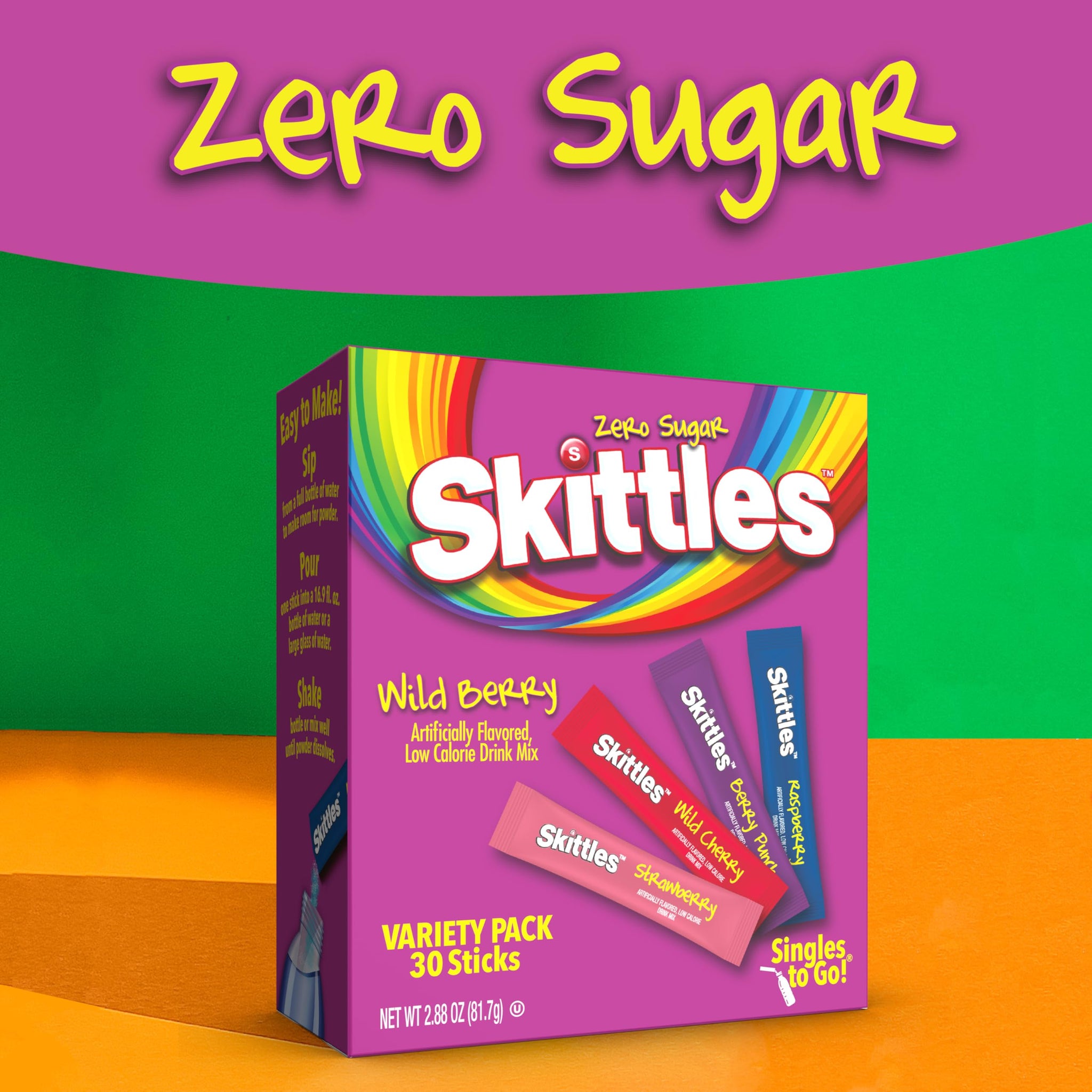 Skittles Singles To Go Wild Berry Variety Pack, Watertok Powdered Drink Mix, Zero Sugar, Low Calorie, Includes 4 Wild Berry Flavors, 1 Box (30 Single