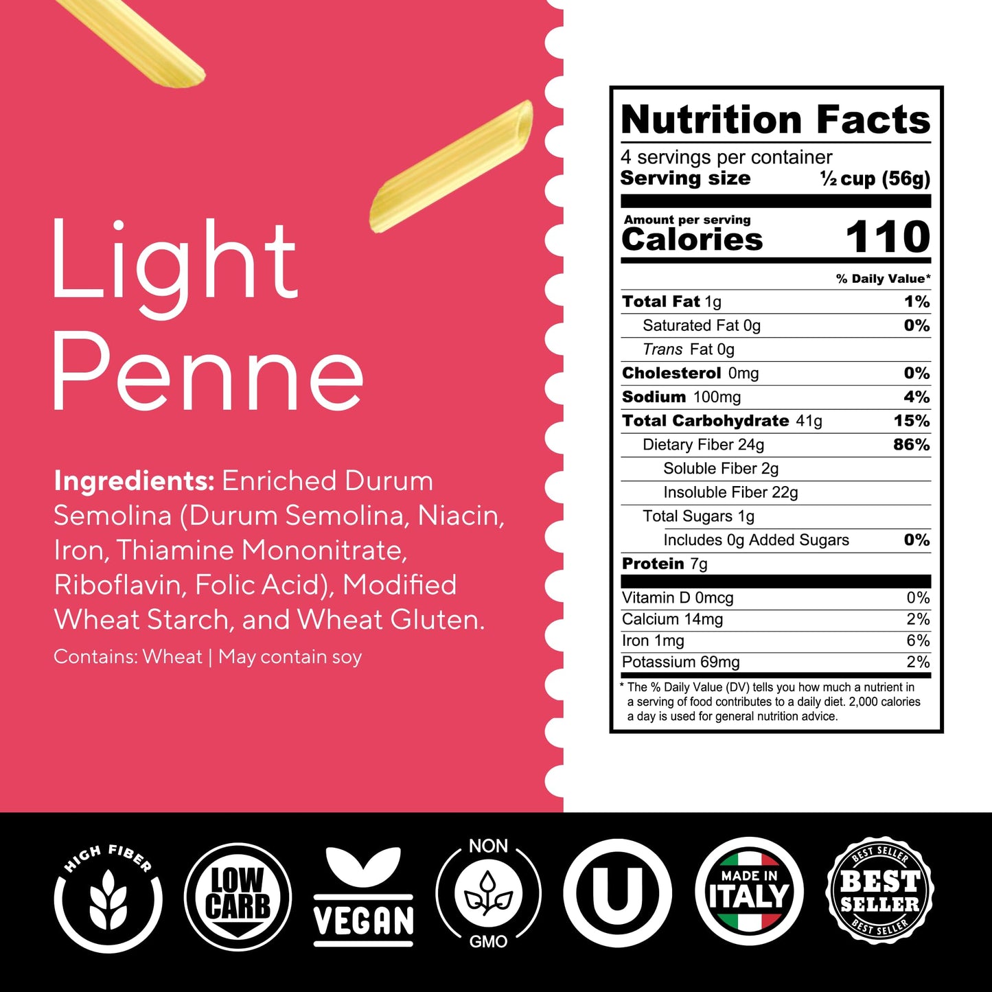 Fiber Gourmet Light Penne Low Net Carb Pasta - High Fiber, Keto Pasta with 48% Less Calories, 24g Fiber, Non-GMO, Made in Italy, Kosher Certified