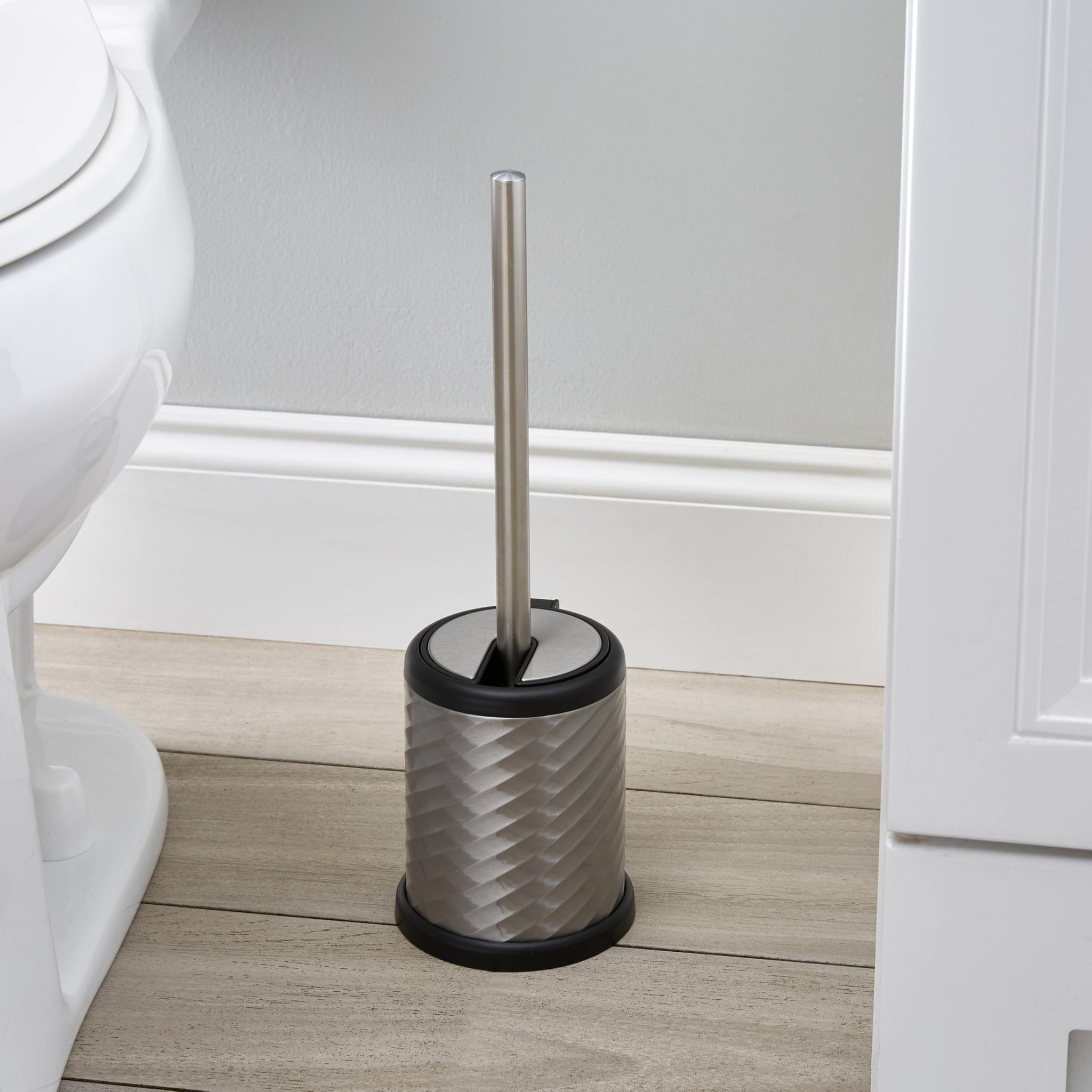 Bath Bliss Self Closing Lid Holder Swirl Toilet Brush in Stainless Steel