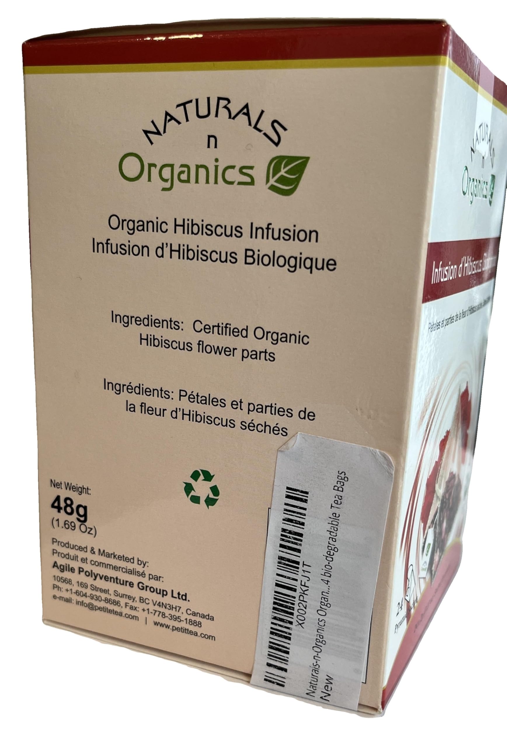 Naturals-n-Organics Organic Hibiscus Flower Tea, Caffeine Free, 24 bio-degradable Tea Bags