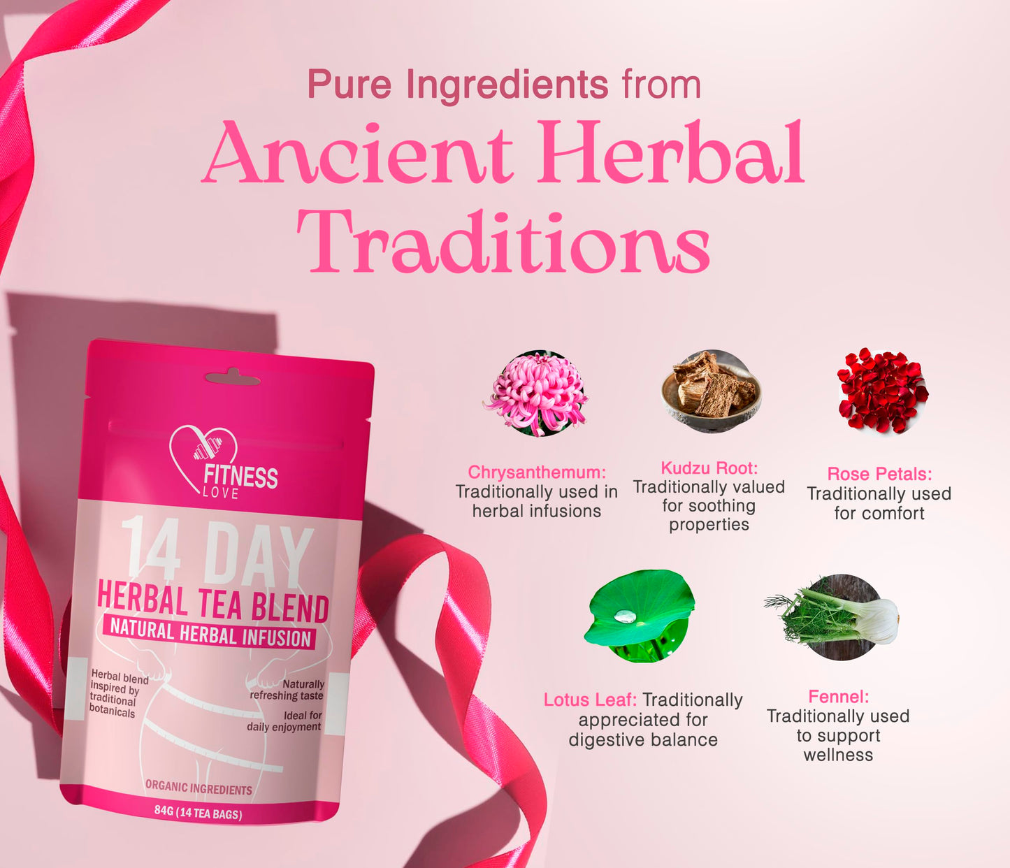 Fitness Love 14 Day Herbal Detox Tea - Caffeine-Free Infusion with Lotus, Rose & Chrysanthemum - Gentle Digestive & Wellness Support - Herbal Blend