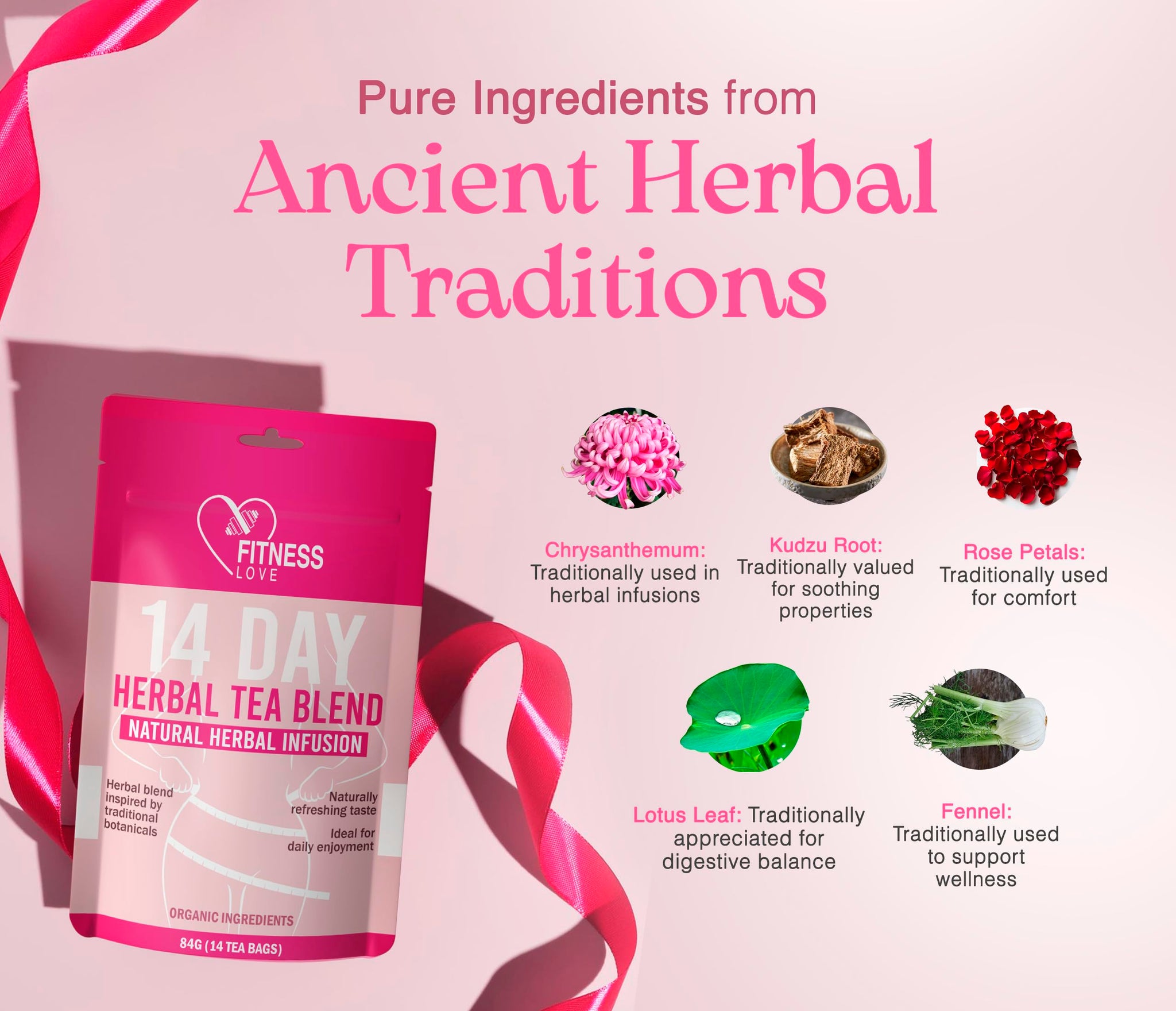 Fitness Love 14 Day Herbal Detox Tea - Caffeine-Free Infusion with Lotus, Rose & Chrysanthemum - Gentle Digestive & Wellness Support - Herbal Blend