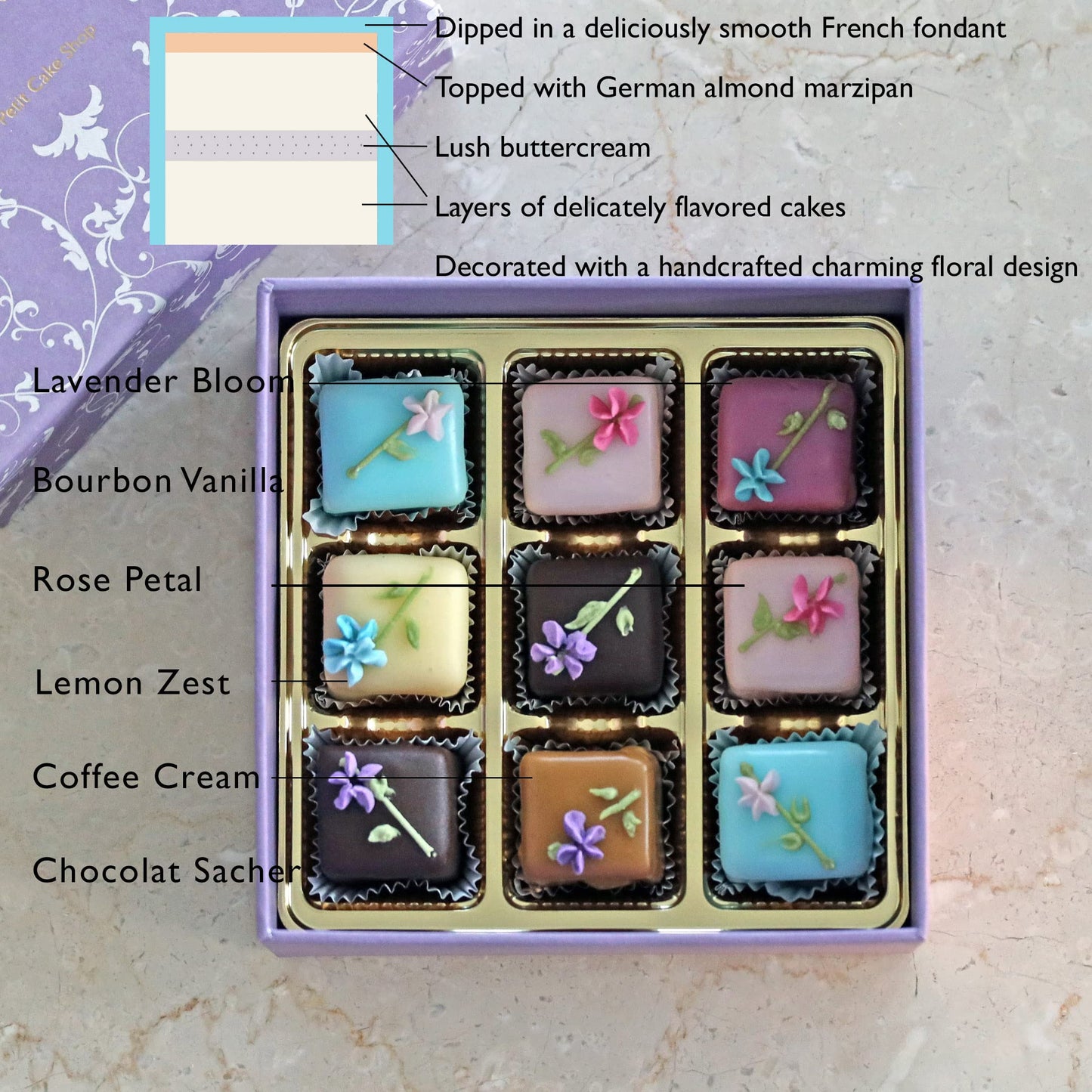 Bon Vivant New York: “Box of 9 Assorted Petit Four Demitasse,” Luxury Petits Fours with Fondant, Marzipan, Buttercream, 8.2oz