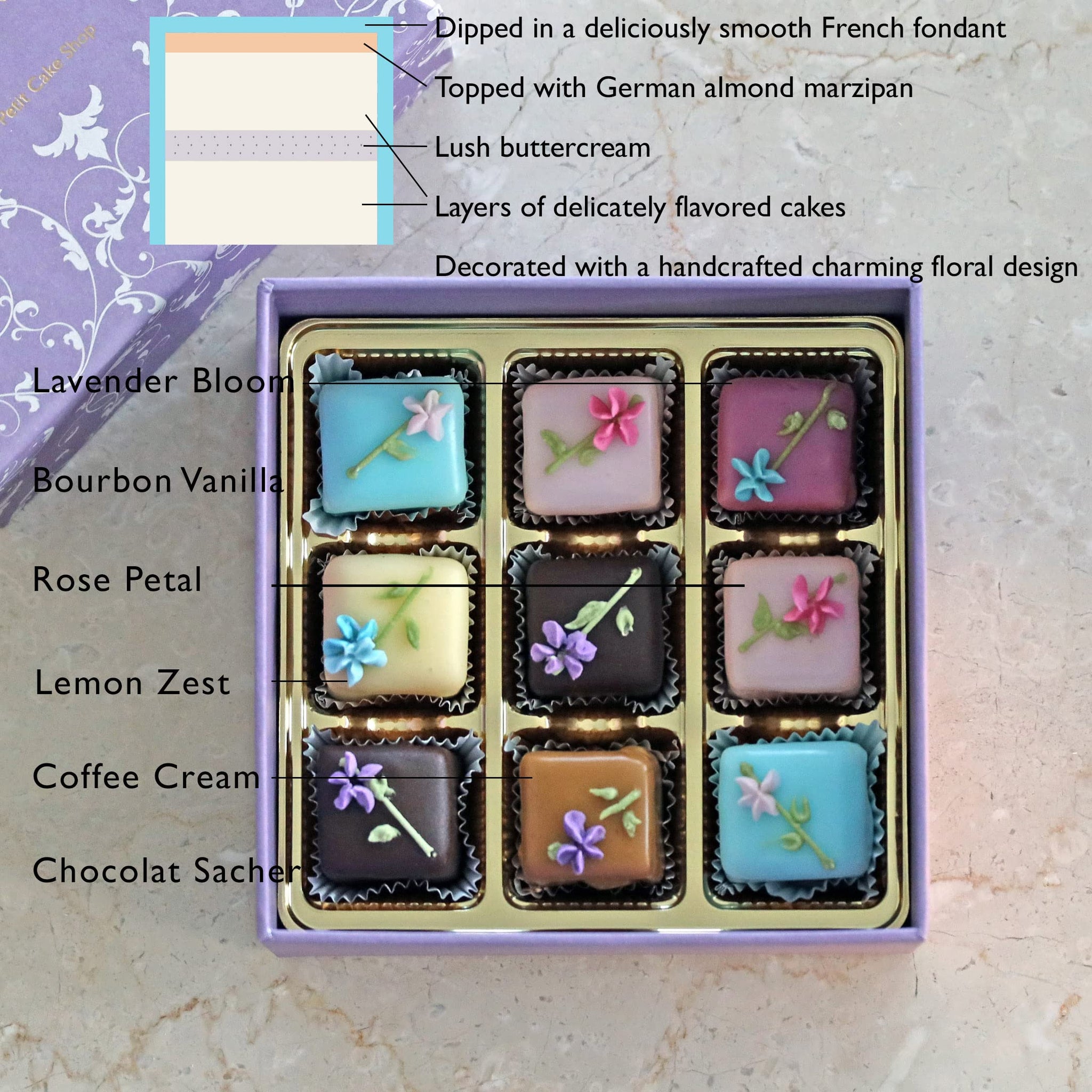 Bon Vivant New York: “Box of 9 Assorted Petit Four Demitasse,” Luxury Petits Fours with Fondant, Marzipan, Buttercream, 8.2oz