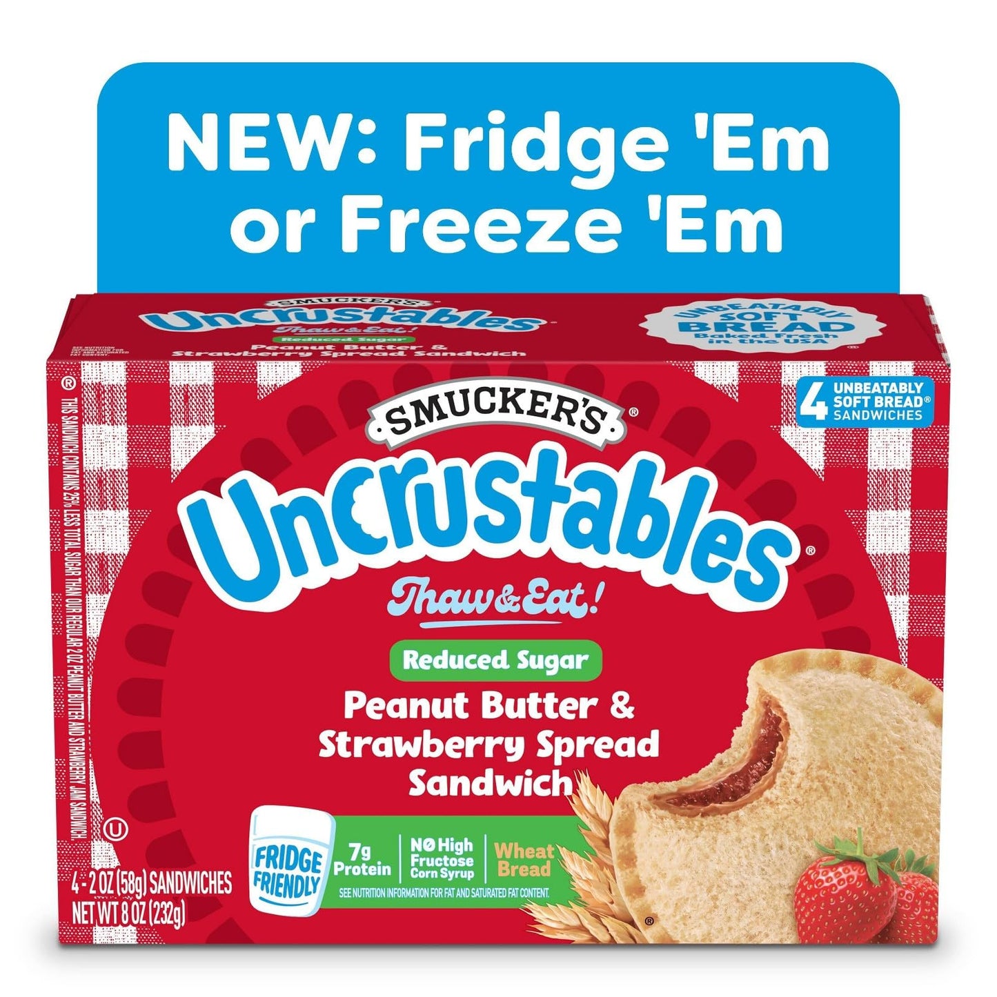 Smucker's Uncrustables Whole Wheat Peanut Butter & Strawberry Jam Frozen Sandwiches, Individually Wrapped, 30 Count