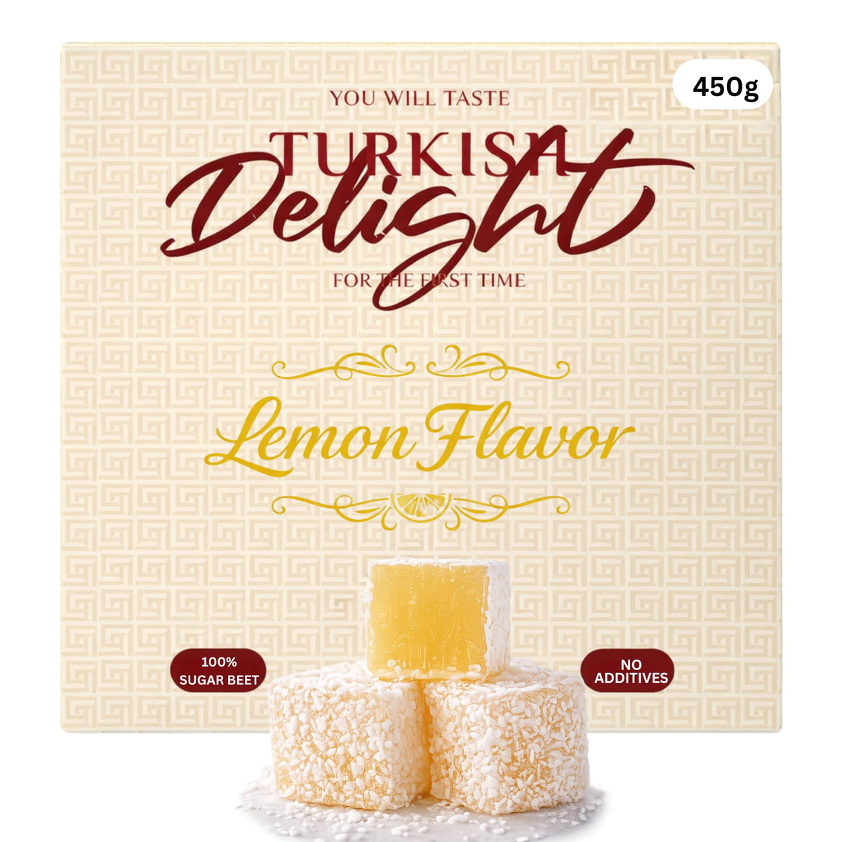 Lemon Flavored Turkish Delight 450g (~1lb) - Coconut Covered Lokum - Soft & Chewy Citrus Candy - Traditional Turkish Sweets - Vegan, No Additives