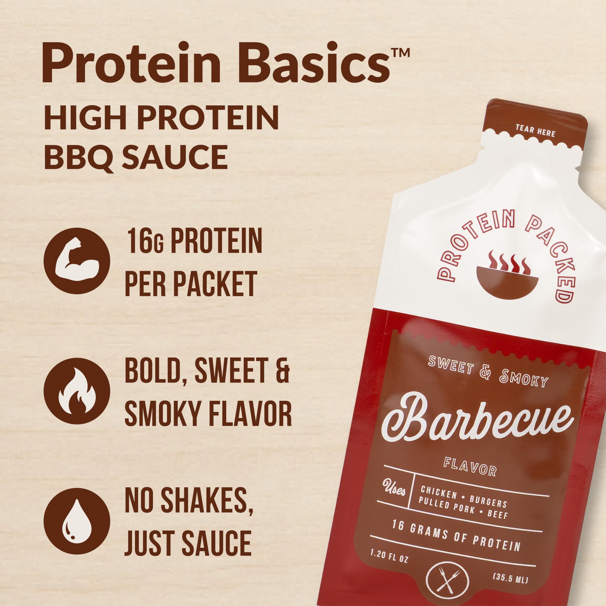 Protein Basics Protein-Packed Condiment Packets, Sweet & Smoky Barbecue Flavor, 16g Protein per Serving, Enhances Meals & Supports Nutrition