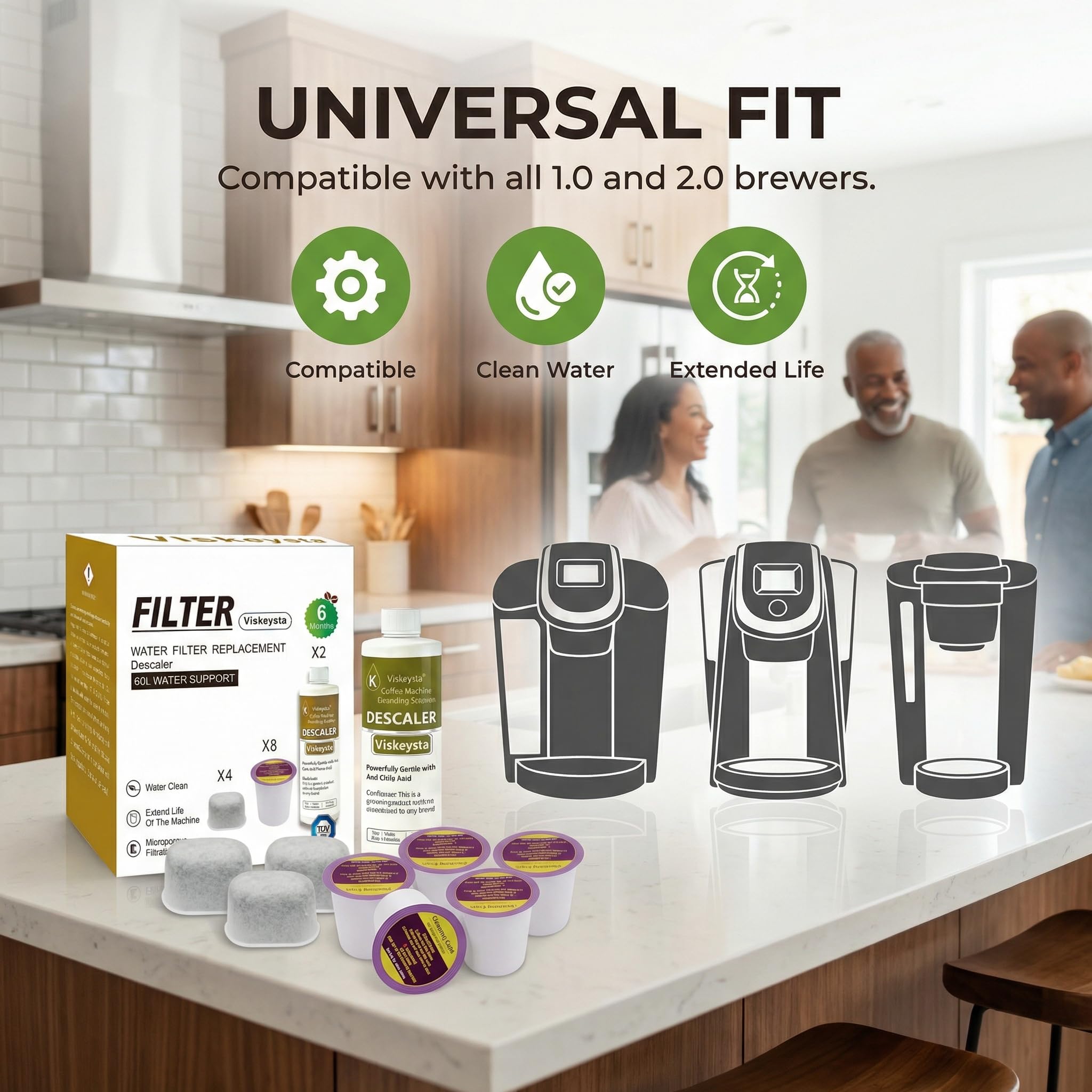 Viskeysta 6-Month Maintenance Kit for Keurig: 2 Descalers + 4 Filters + 8 Cleaning Pods, Compatible with Keurig Classic/1.0/2.0 K-Cup Coffee Makers