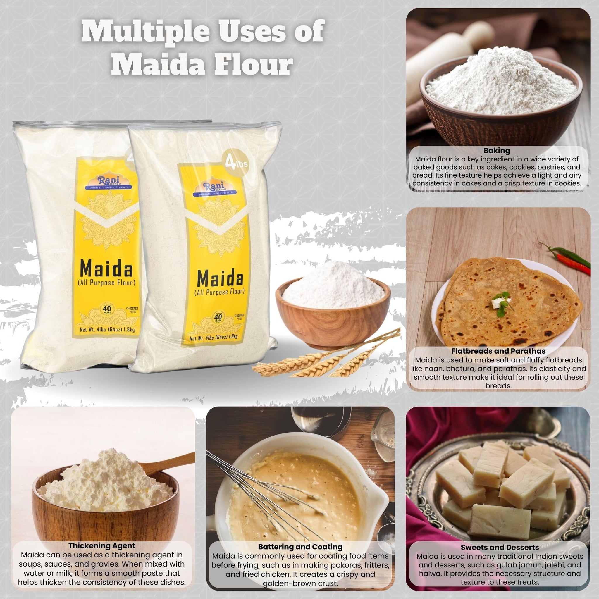 Rani Maida Flour (Indian All Purpose Flour) 64oz (4lbs) 1.81kg Bulk ~ All Natural | Vegan | Gluten Friendly | NON-GMO | Kosher | Indian Origin