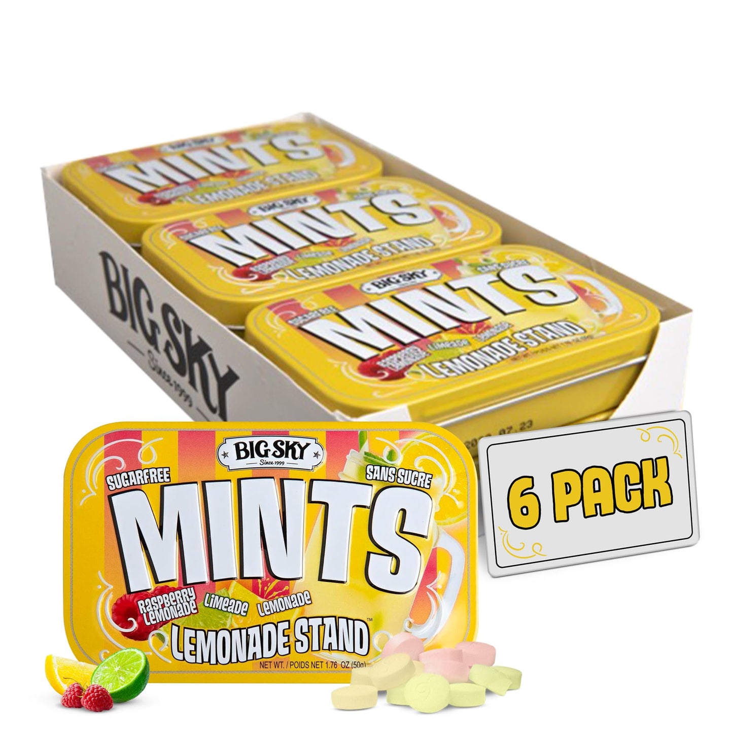 Big Sky Sugar Free Lemonade Stand Mints - 50 Count Tin (Pack of 6) | Kosher Certified, Vegan Candy | Aspartame & Gluten Free | Lemon Flavored Sugar