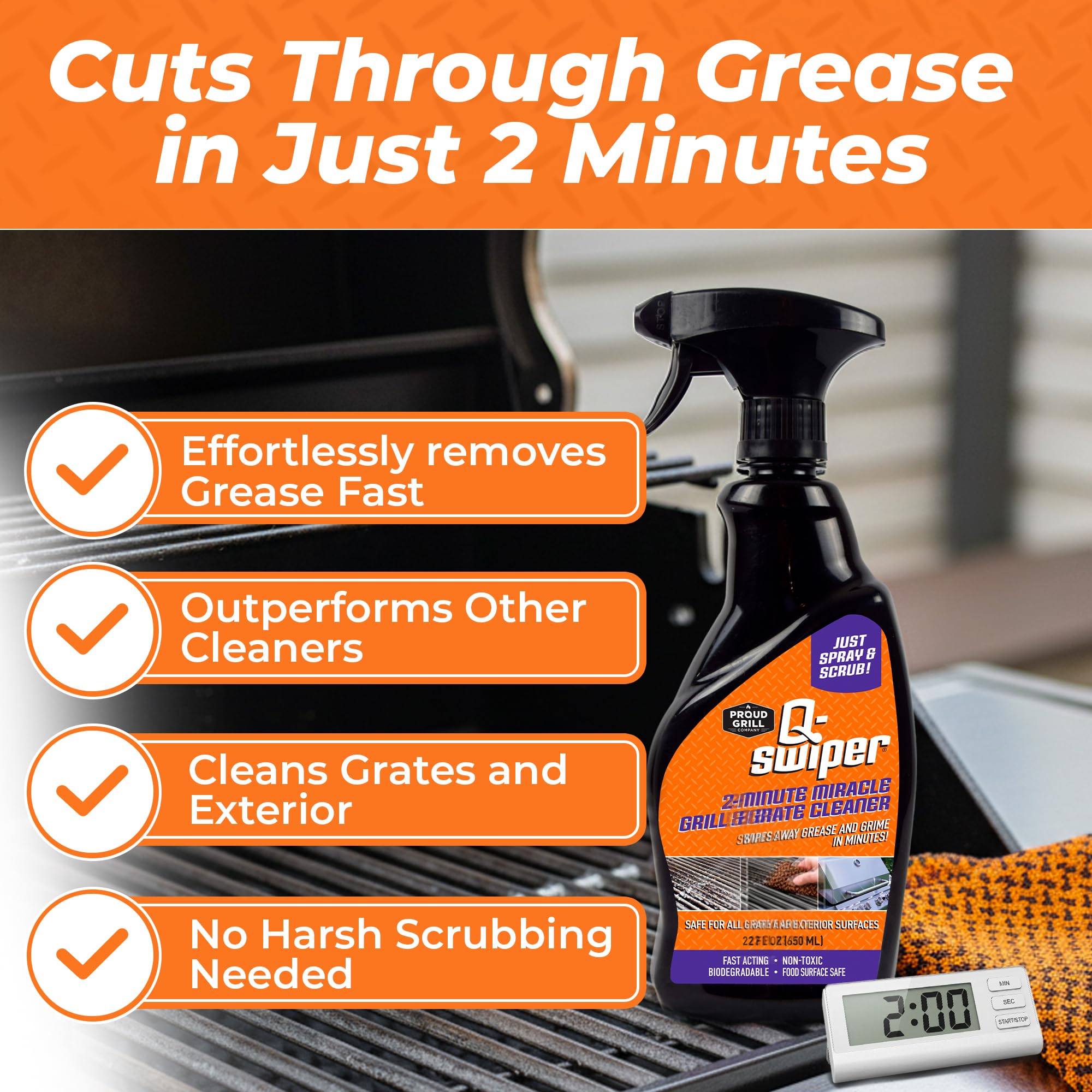 Proud Grill Company Q-Swiper 2-Minute Miracle Grill & Grate Cleaner with Scrub Clean Cloth - Father Day Gifts, Degreaser Spray for BBQ, Oven, Stove