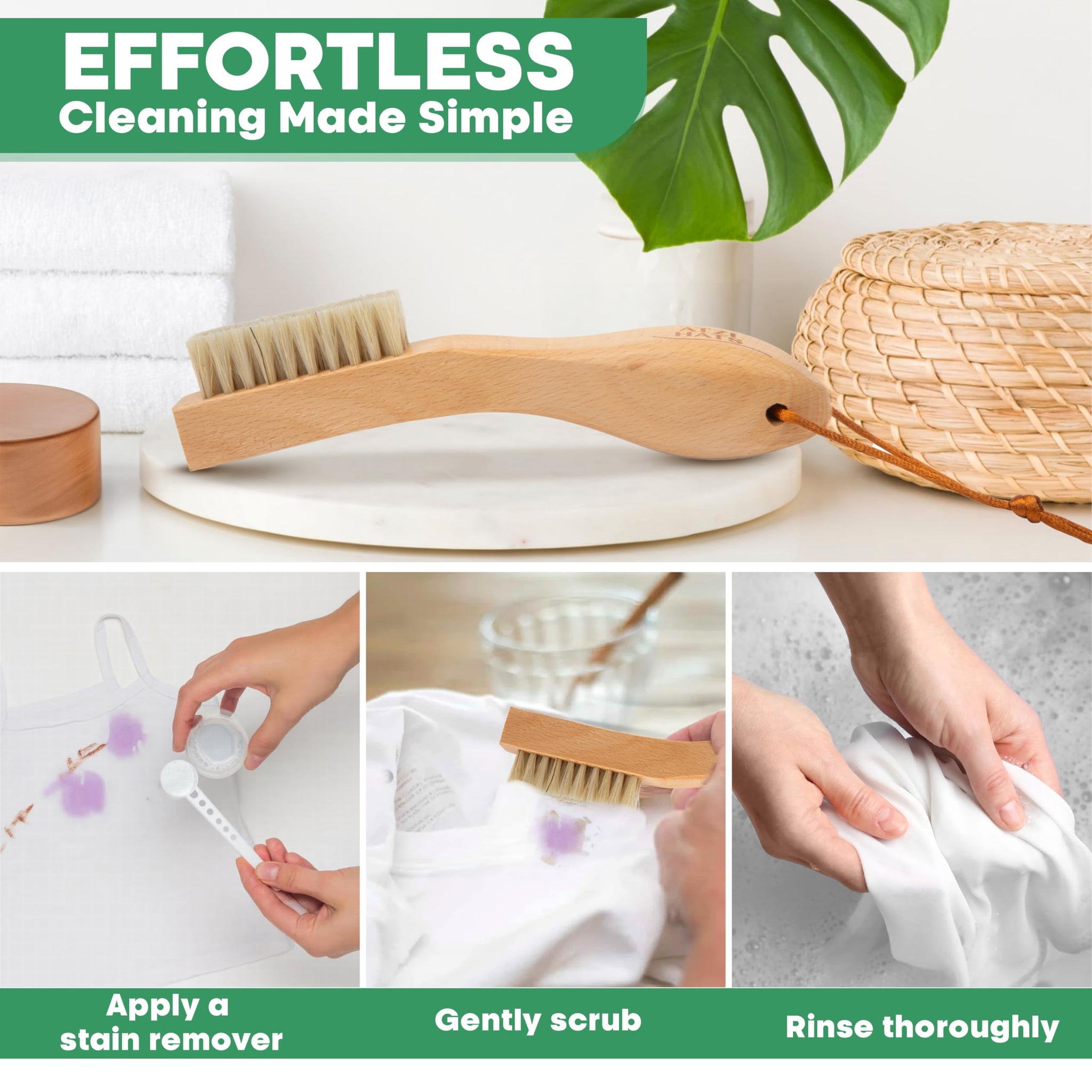 Atzi Hats Laundry Brush Stain Remover Scrubber with Soft White Boar Bristles for Delicate Baby Clothes, Compact Design, Pre-Treat Clothing, Shoes