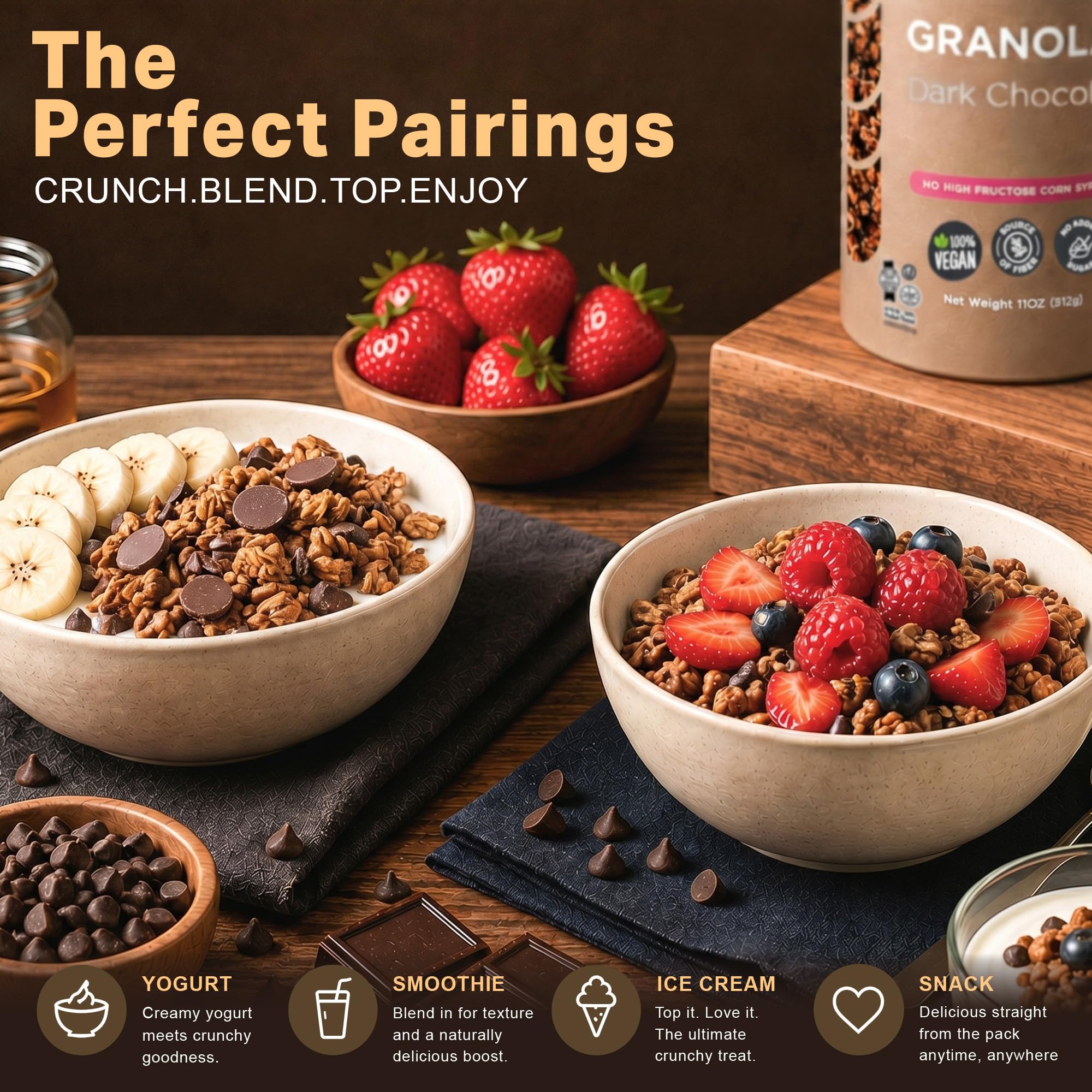 Oppenheimer USA Dark Chocolate Chips Granola - 11 oz Canister - 100% Vegan, Plant Based Crunch Cereal & Yogurt Topper - Kosher, Source of Fiber, No