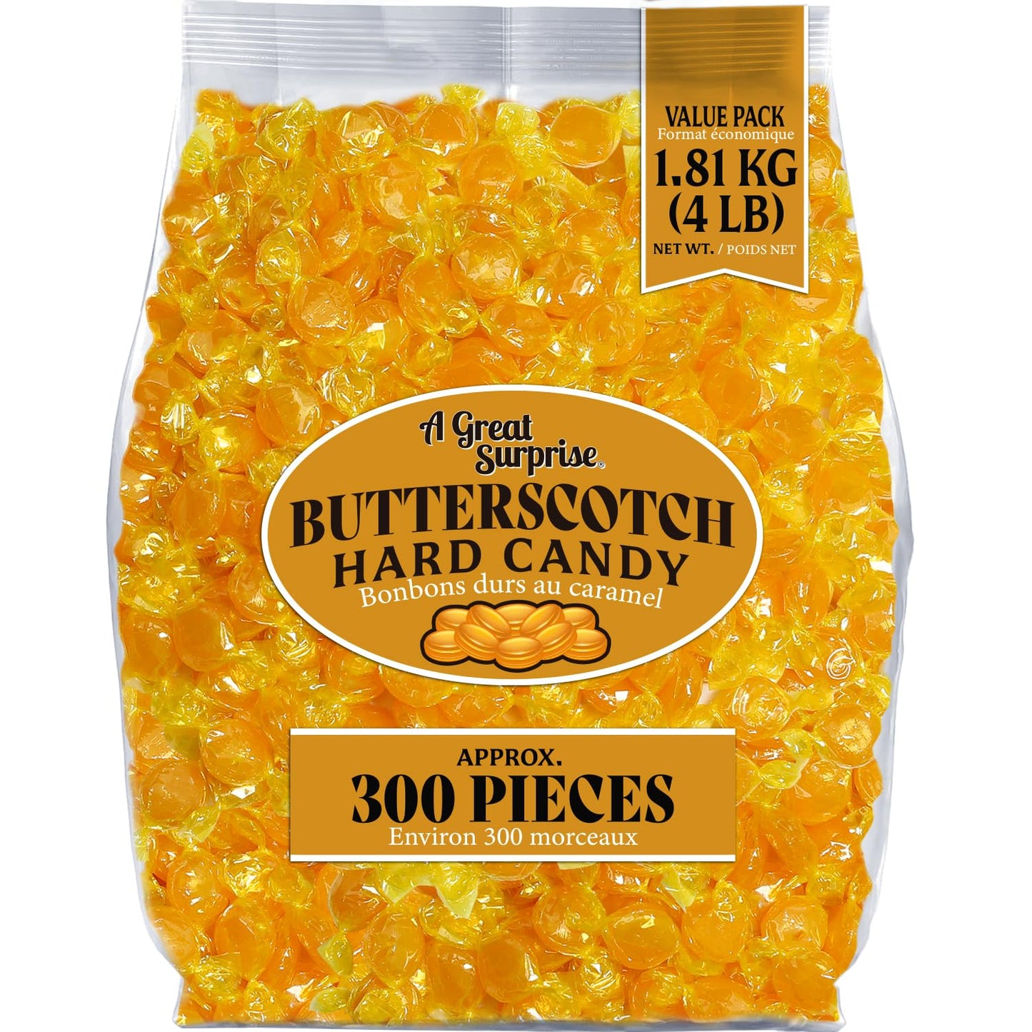 A Great Surprise Premium Butterscotch Hard Candy - 4 lb - Individually Wrapped Butterscotch Candy Discs Buttons - Classic Creamy & Old Fashioned