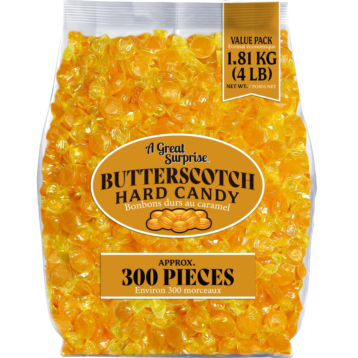 A Great Surprise Premium Butterscotch Hard Candy - 4 lb - Individually Wrapped Butterscotch Candy Discs Buttons - Classic Creamy & Old Fashioned