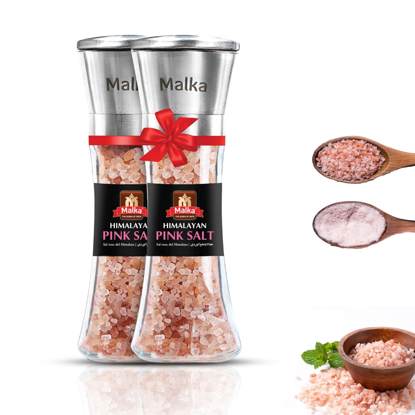 Malka Pink Salt Grinder Manual Bundle - Coarse Pre-filled Himalayan Pink Salt Grinders - Adjustable Glass Salt Grinders - Himalayan Salt Grinder