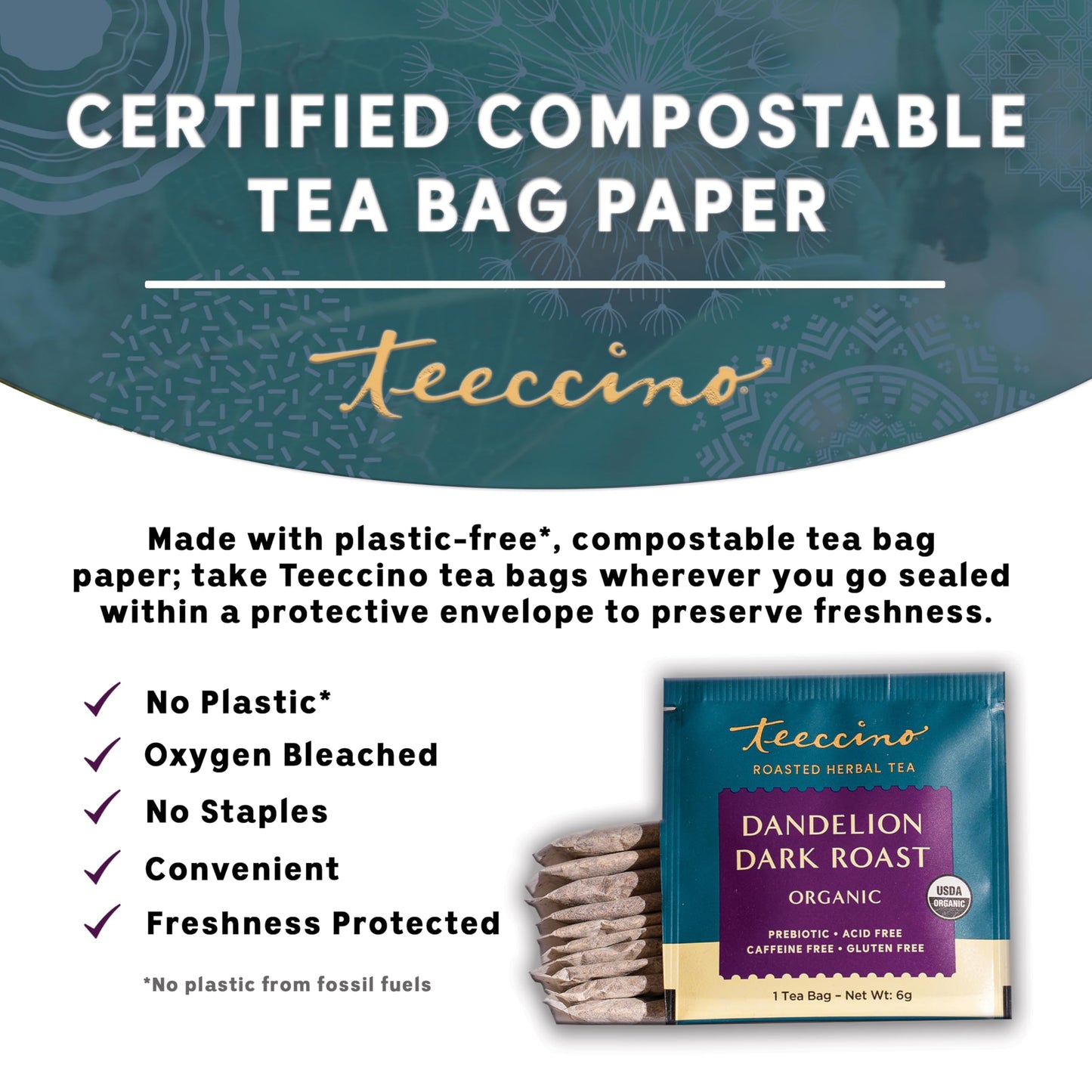 Teeccino Dandelion Herbal Tea - Dandelion Dark Roast Tea - 10 Tea Bags, Caffeine-Free, Roasted Herbal Tea with Prebiotics, 3x More Herbs than Regular