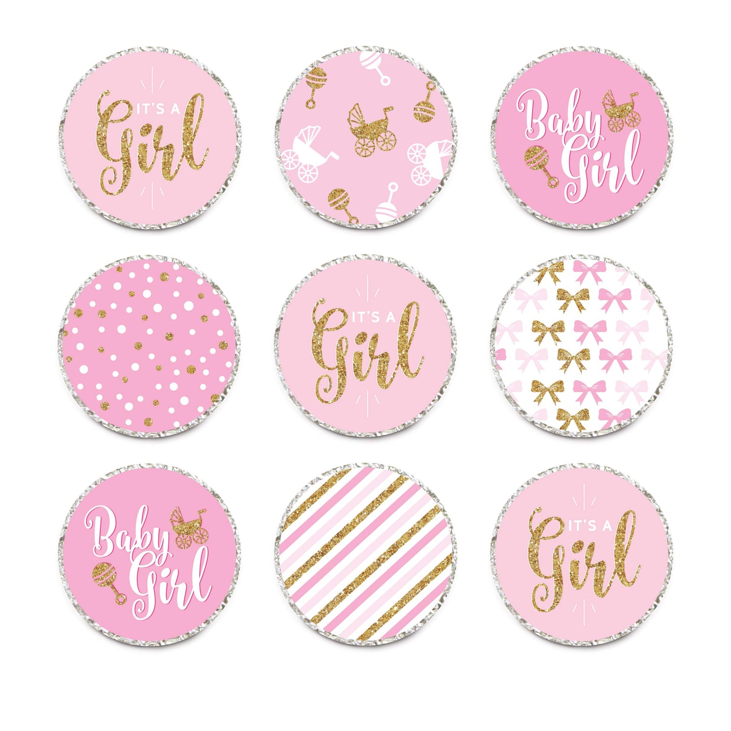 Andaz Press Chocolate Drop Labels Trio, Fits Kisses, Ultimate Girl Baby Shower Collection, Pink and Gold Glitter, 216-Pack