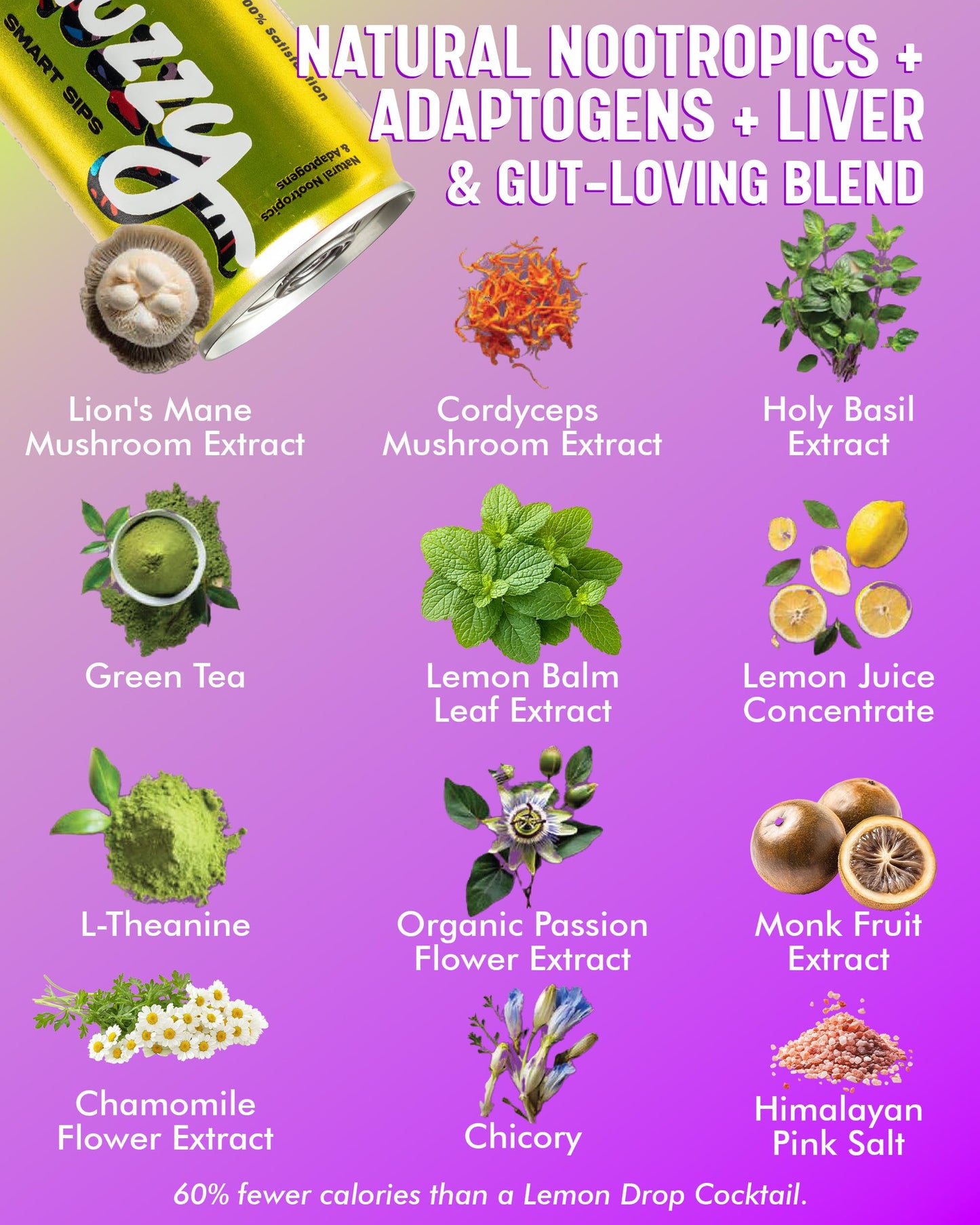 Huzzy Smart Sips Non Alcoholic Drinks - Honey Pop Inspired Beverage, Alcohol Free Functional Cocktails - Low Calorie, Low Carb, No Refined Sugar, No