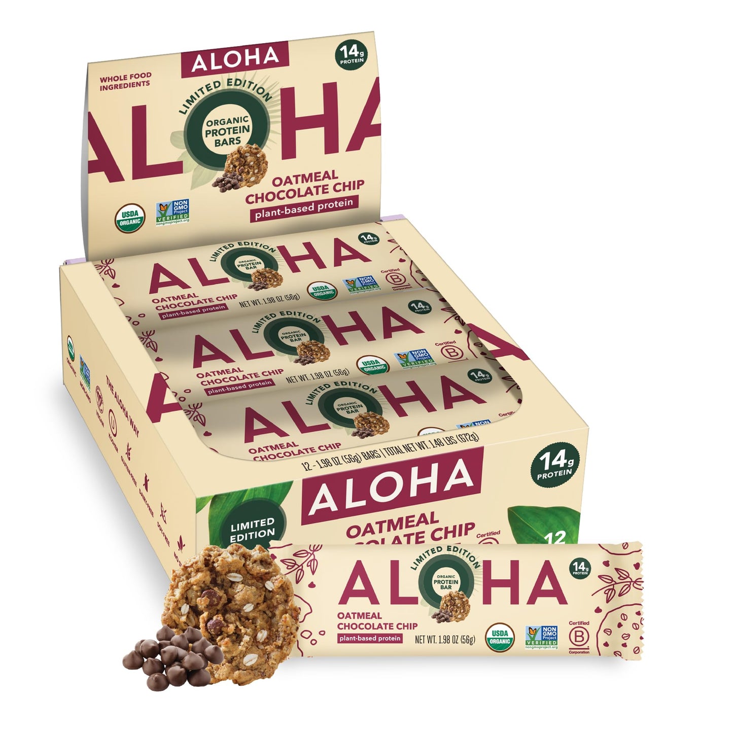 ALOHA Organic Plant Based Protein Bars - Oatmeal Chocolate Chip - 12 Count, 1.9oz Bars - Vegan Snacks, Low Sugar, Gluten-Free, Low Carb, Paleo