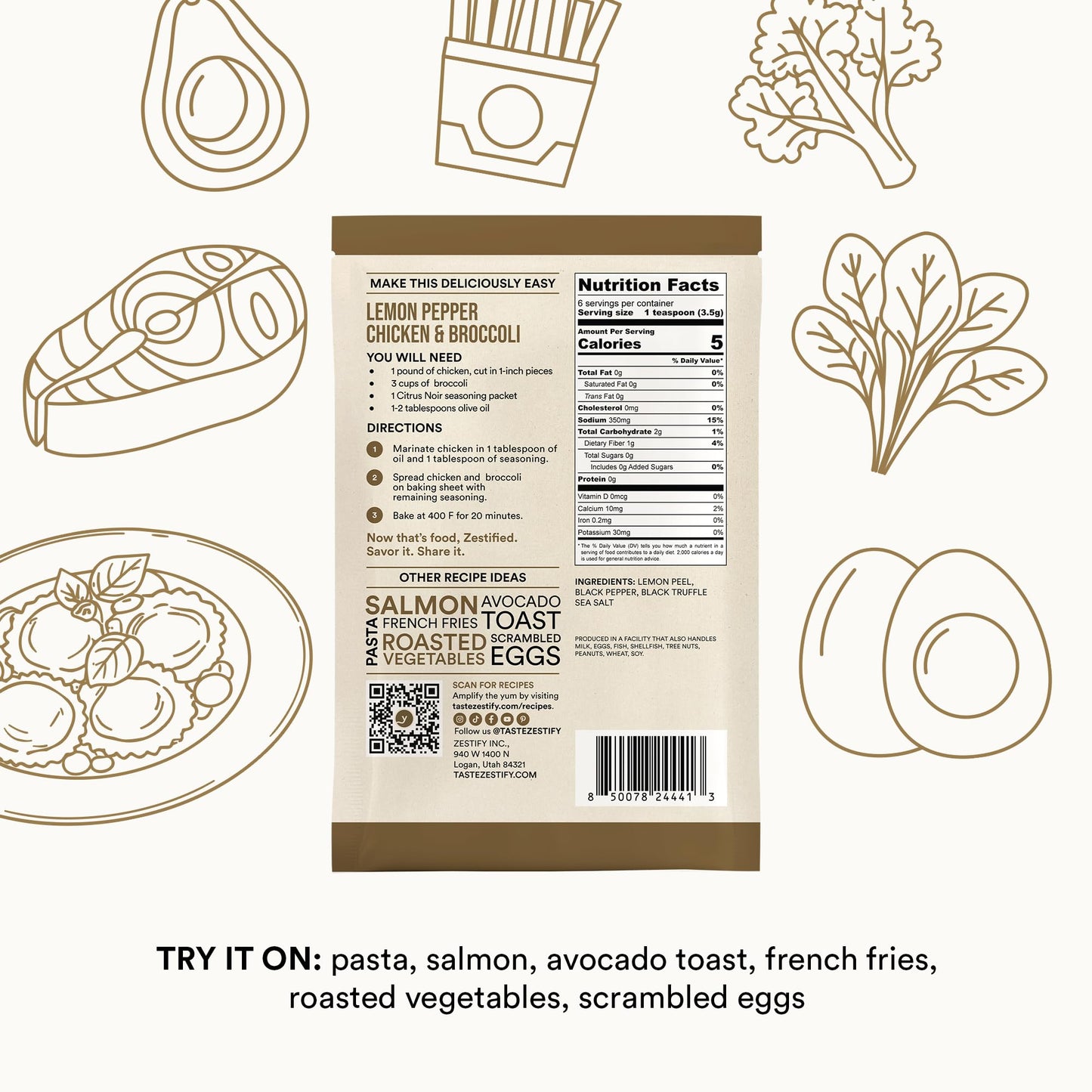 Zestify Citrus Noir - Lemon Pepper Truffle Seasoning Mix Packets | Gourmet Spice Blend for BBQ Dry Rub, Sheet Pan, Air Fryer (4-0.7 oz pouches)