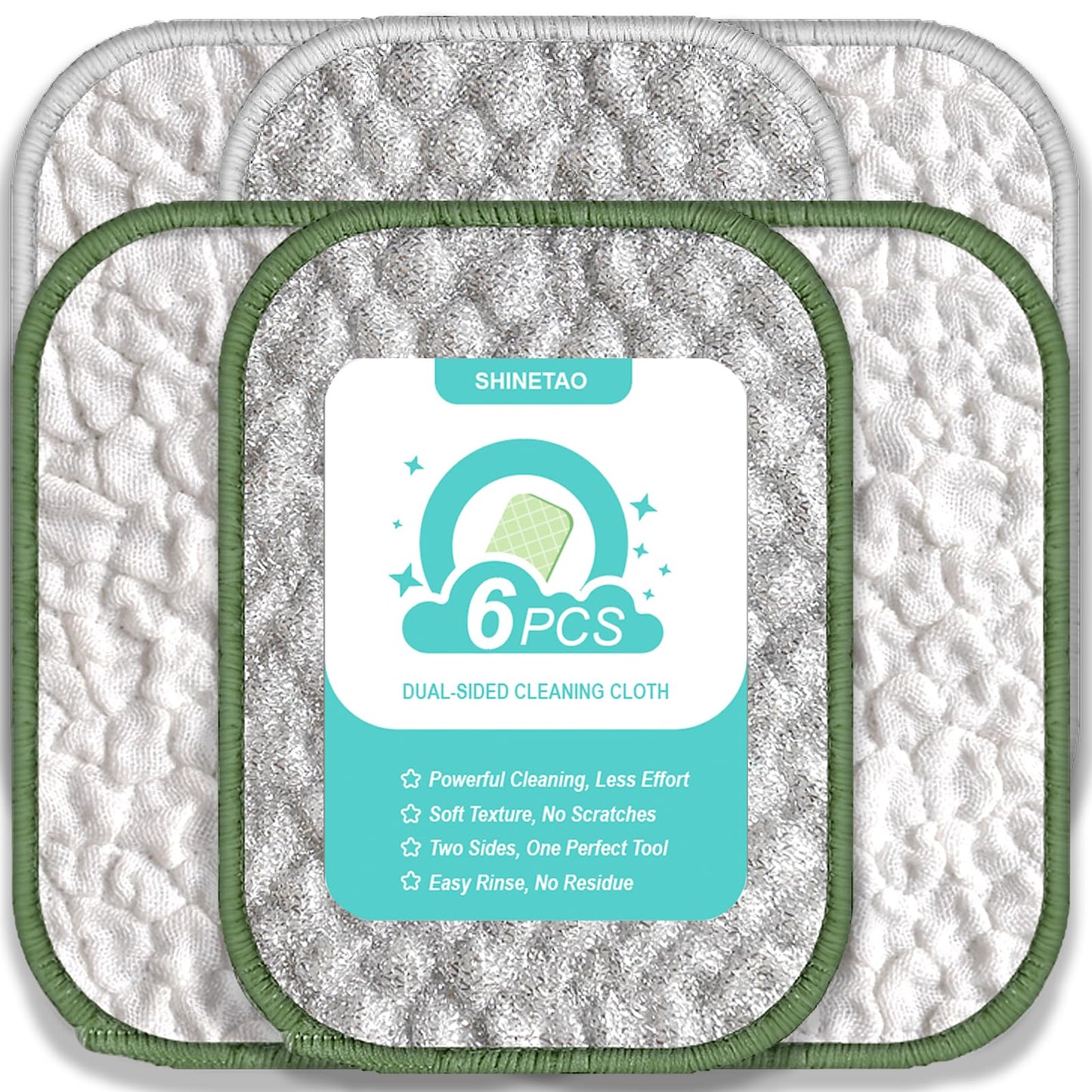 SHINETAO 6PCS Double-Sided Non-Scratch Cleaning Cloths - Reusable Scrub Pads & Dish Cloths, Fast-Dry & Odor-Resistant for Non-Stick Pans, Glass