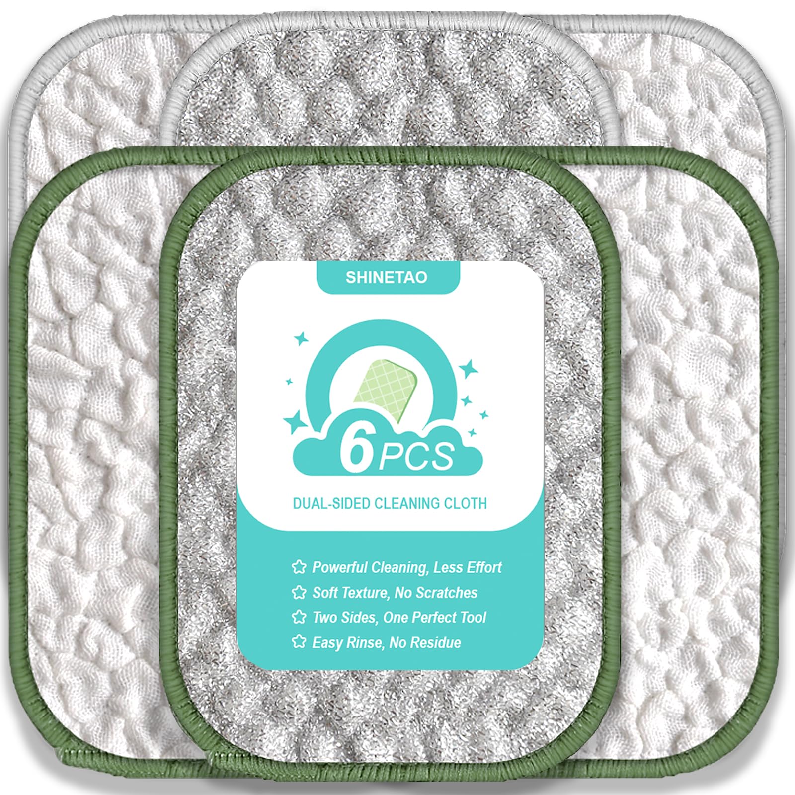 SHINETAO 6PCS Double-Sided Non-Scratch Cleaning Cloths - Reusable Scrub Pads & Dish Cloths, Fast-Dry & Odor-Resistant for Non-Stick Pans, Glass