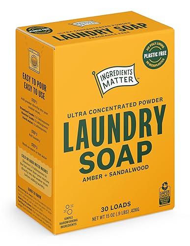 Ingredients Matter Powder Laundry Soap - Amber + Sandalwood Scent, Hypoallergenic Detergent, Natural & Eco-Friendly, Plastic Free, Natural Essential