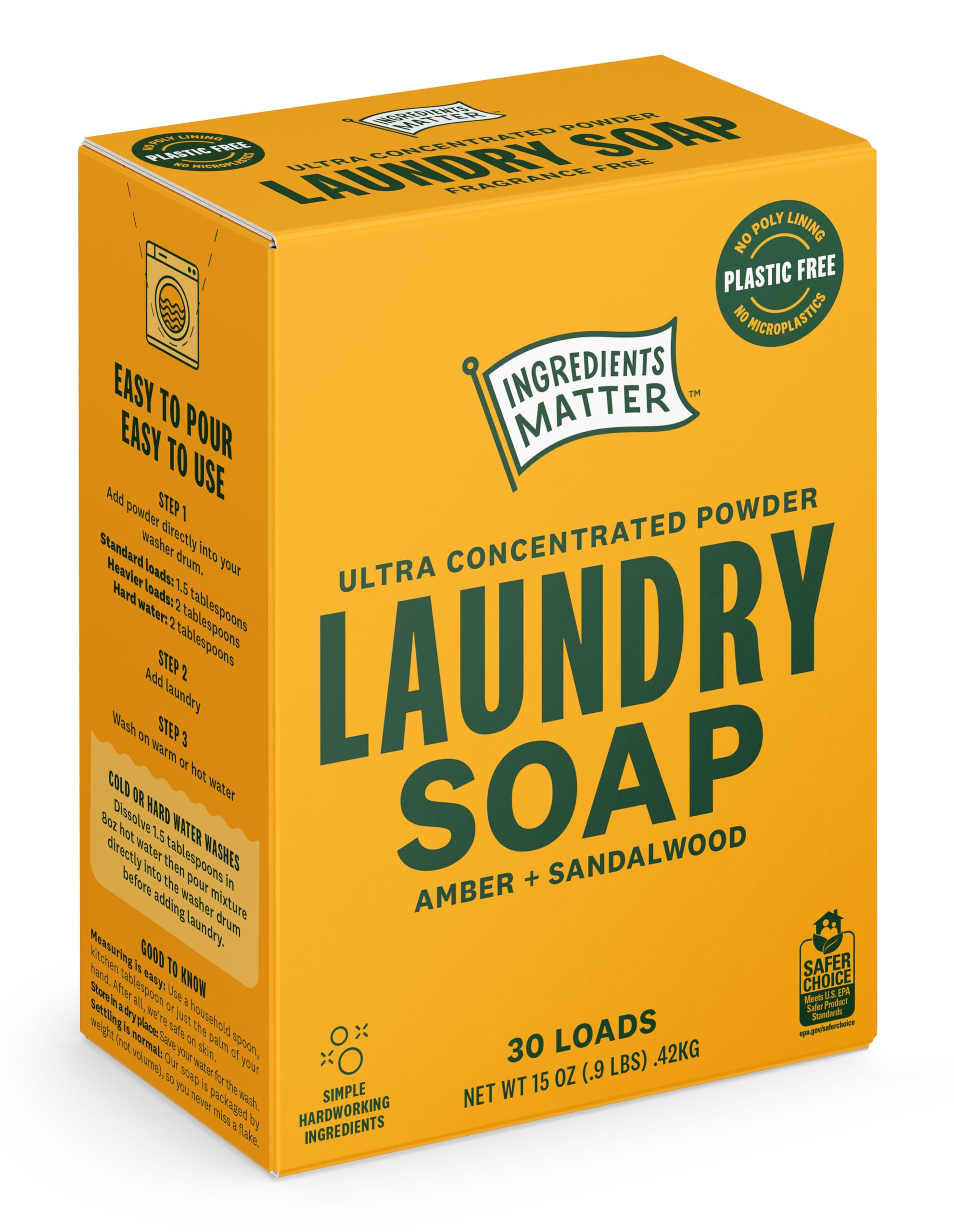 Ingredients Matter Powder Laundry Soap - Amber + Sandalwood Scent, Hypoallergenic Detergent, Natural & Eco-Friendly, Plastic Free, Natural Essential