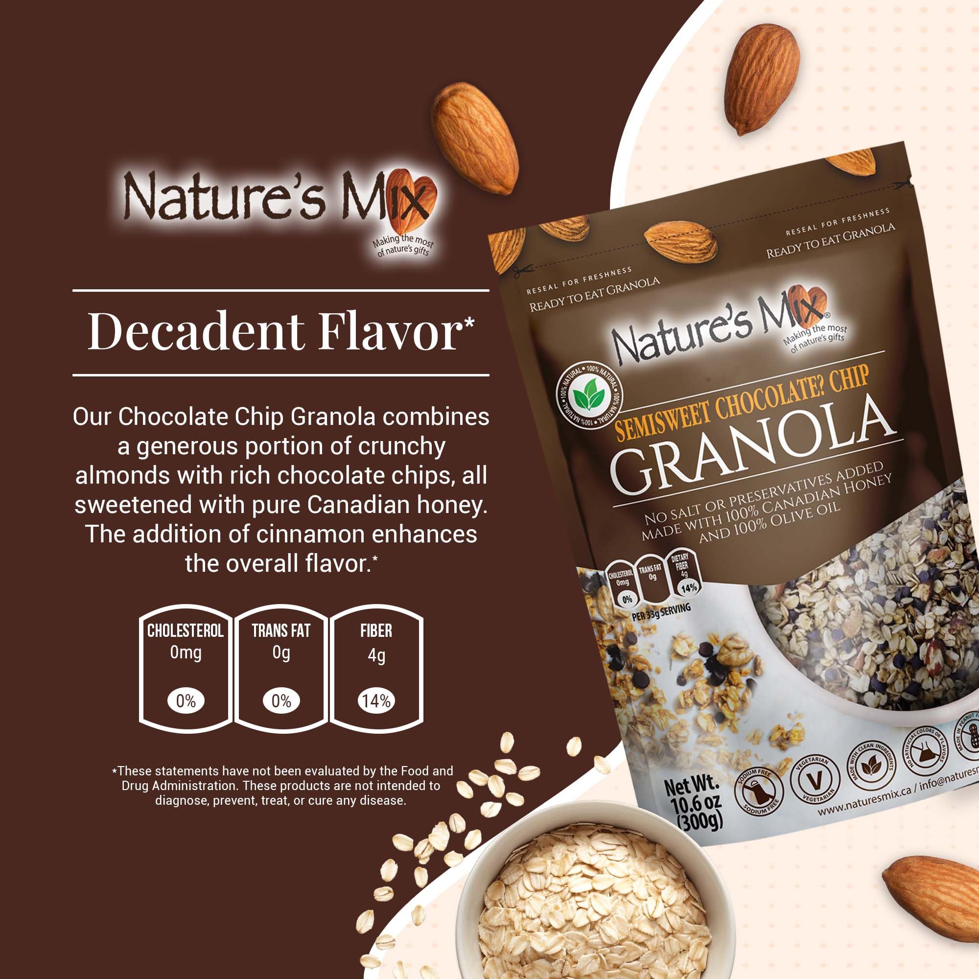 Nature's Mix - Chocolate Chip Granola - Almonds, Chocolate Chips, and Canadian Honey - Dairy and Soy Free - No Added Sugar or Preservatives - Small