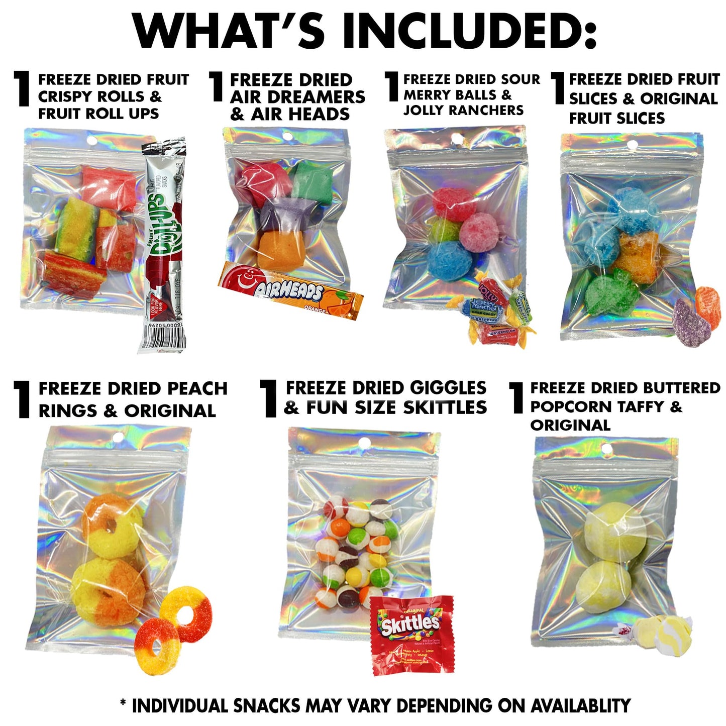 Fun Flavors Box Freeze Dried Candy 7 Bag Sampler Variety Pack, Unique Candy Gift Box- Crunchy and Airy or Chewy and Sticky- Taste the Transformation