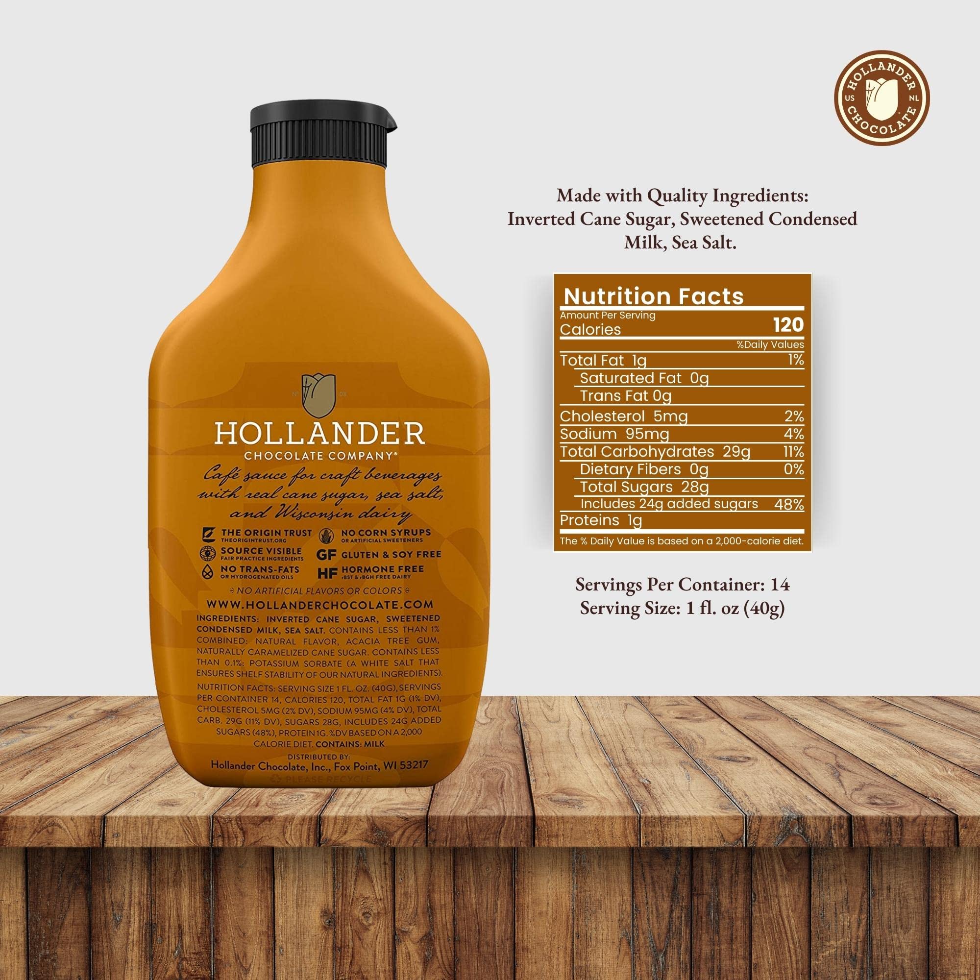 Hollander Caramel Cafe Sauce | GMO Free, Corn Syrup Free, Soy/Gluten Free | 15 fl. oz. Squeeze Bottle | Flip Cap