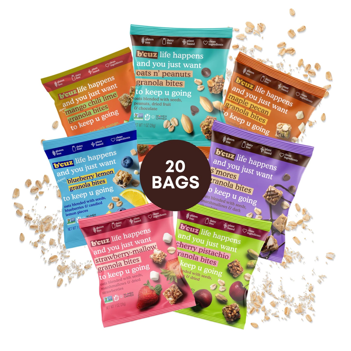 B'cuz Granola Bites - Gluten Free On the Go Snacks Variety Pack, Kosher, Vegan Friendly, Travel Safe, Healthy Breakfast and Dessert Treats for Kids or