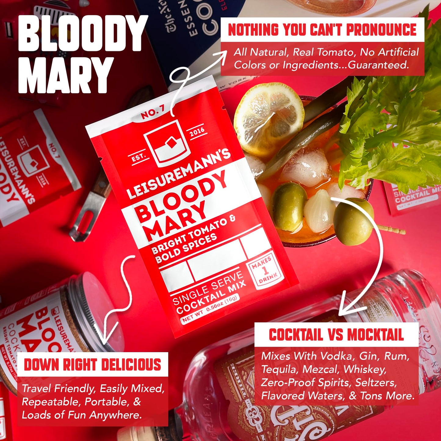 Leisuremann's Bloody Mary Single Serve Cocktail Mixer - Cocktail or Mocktail Powders Designed to Make Happy Hour Easier - All Natural - Travel Ready
