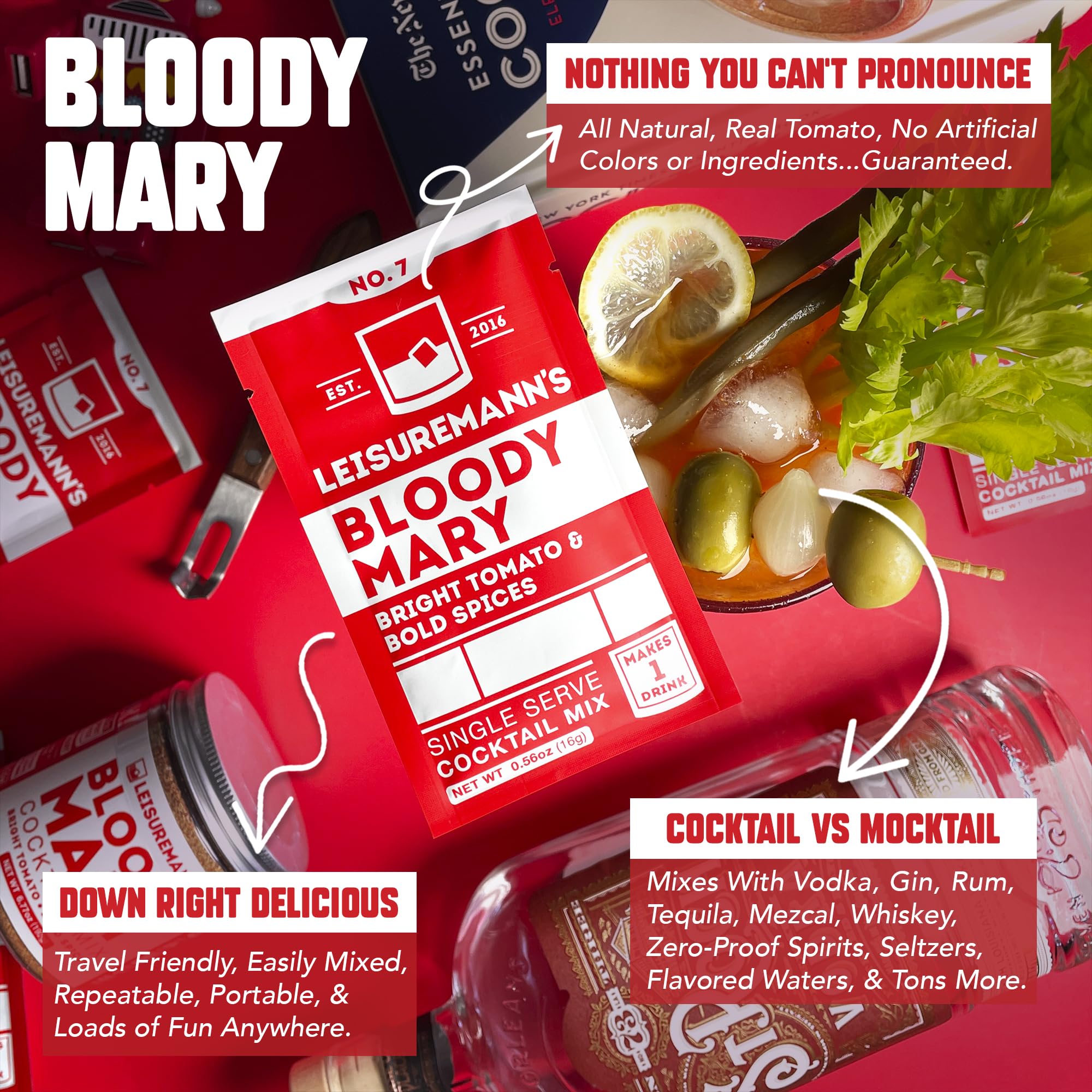 Leisuremann's Bloody Mary Single Serve Cocktail Mixer - Cocktail or Mocktail Powders Designed to Make Happy Hour Easier - All Natural - Travel Ready