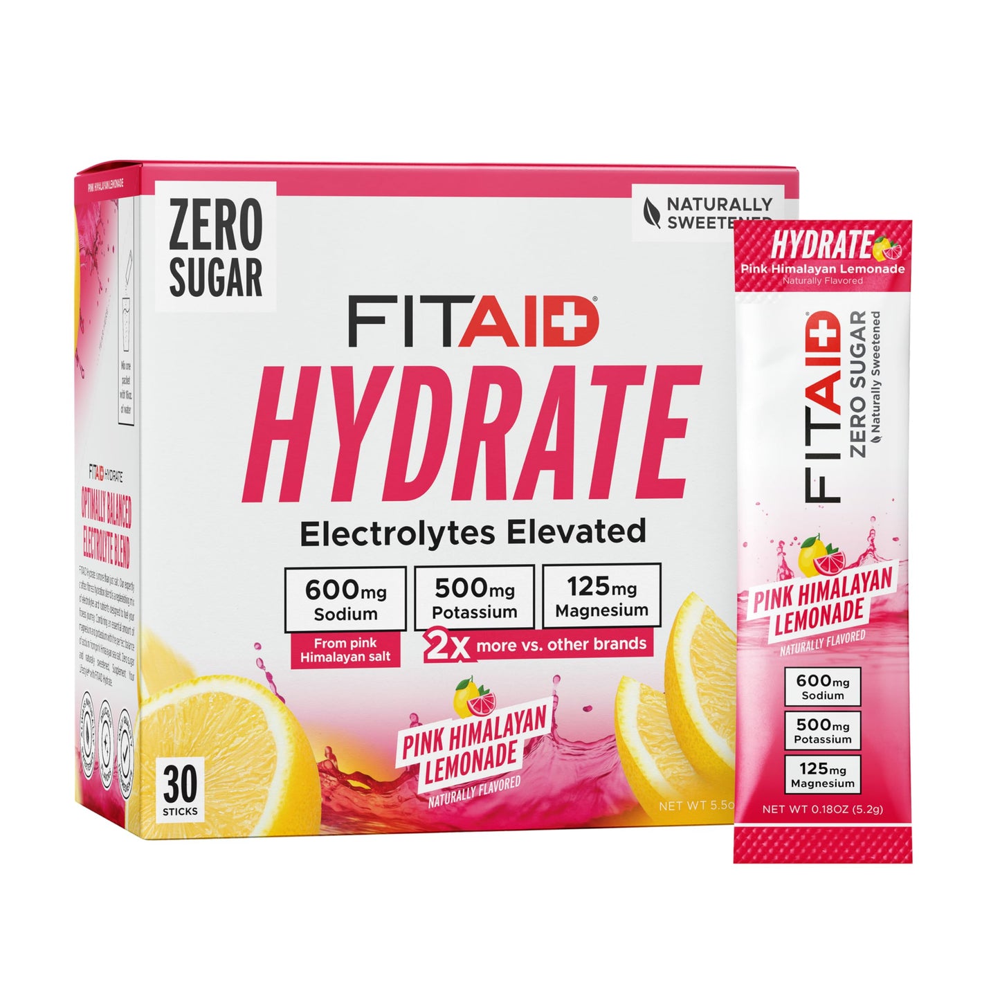 LIFEAID FITAID Hydrate Clean Electrolyte Mix, Zero Sugar, Balanced Electrolyte Ratios: 600mg Sodium, 500mg Potassium, 125mg Magnesium, Pink Lemonade