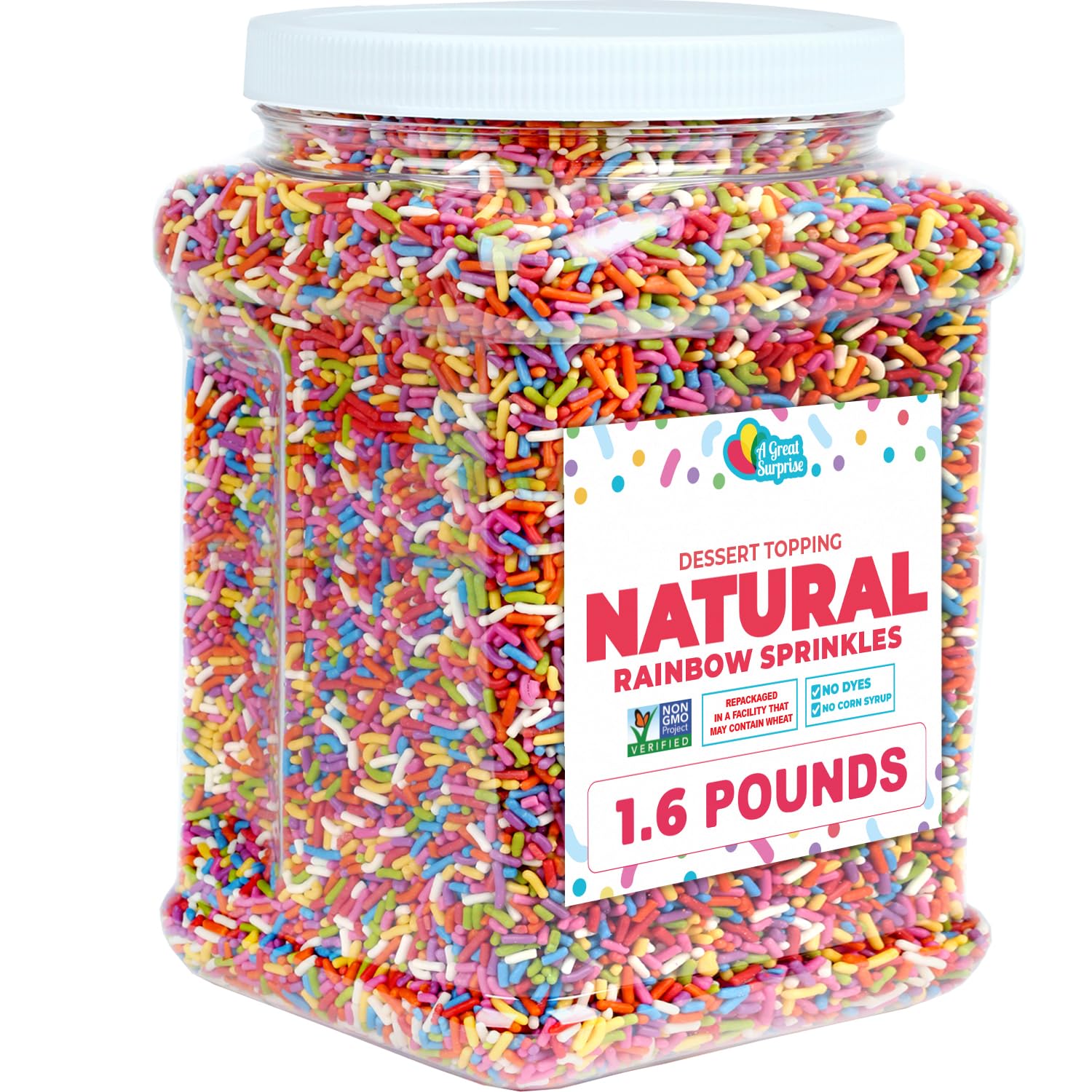 A Great Surprise Dye-Free Rainbow Sprinkles - 1.6 Pounds - Natural Vegan Baking Toppings with No Artificial Dyes or Flavors - Non-GMO Jimmies