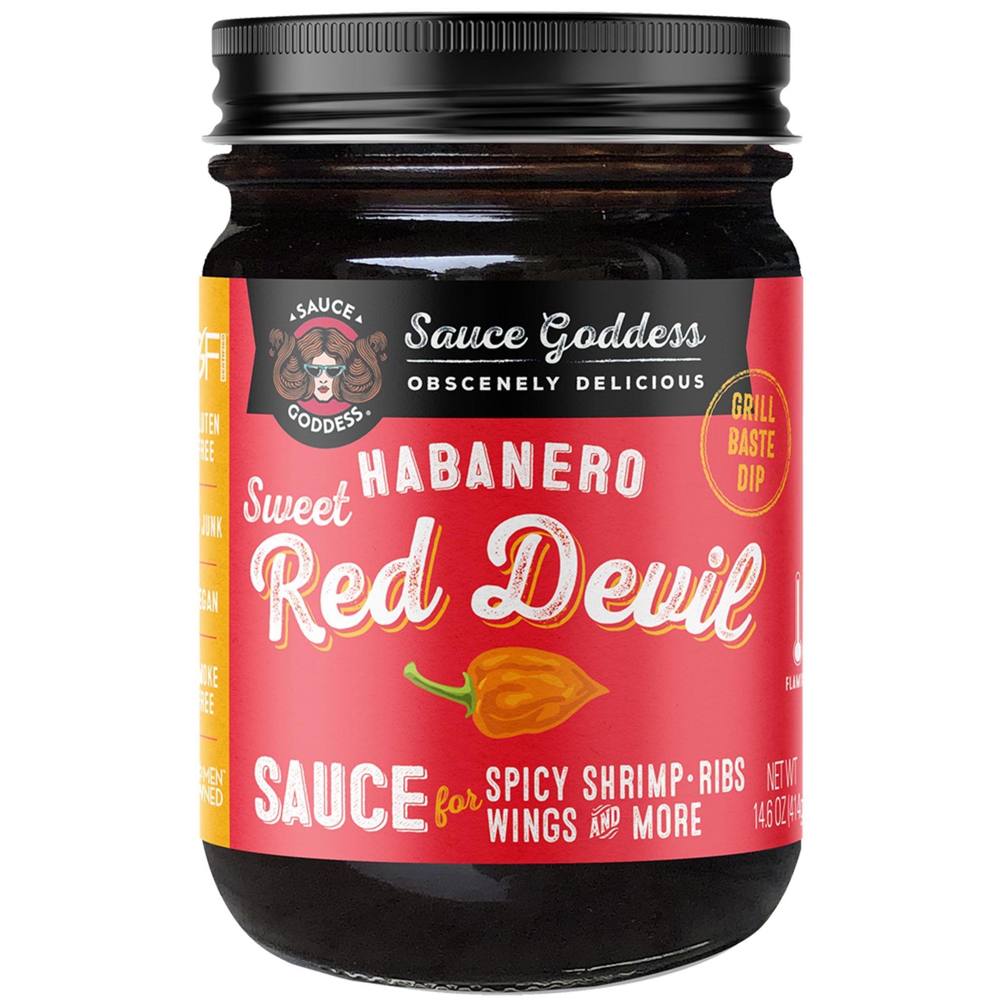 Sauce Goddess - Sweet Red Devil Habanero BBQ Sauce - Fiery & Flavorful for Chicken Wings, Burgers & More, Vegan, Low Sodium, No Additives - 14.6oz
