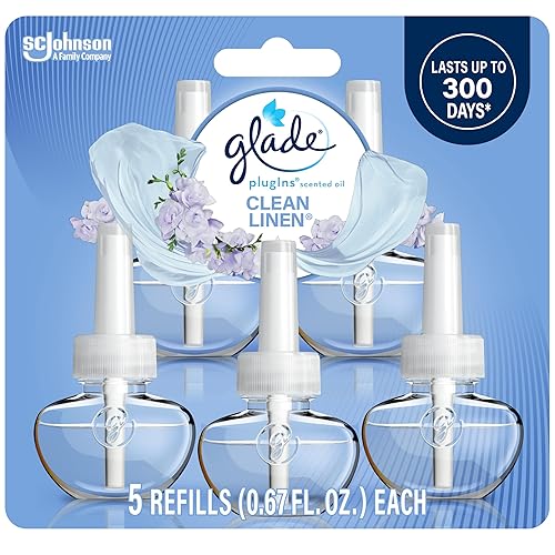 Glade PlugIns Refills Air Freshener, Scented and Essential Oils for Home and Bathroom, Clean Linen, 3.35 Fl Oz, 5 Count