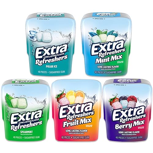 Sugar Free Gum Variety 5 Pack- Mint, Fruit Mix, Polar Ice, Spearmint, Berry (40 Piece Bottle, 5 Pack)