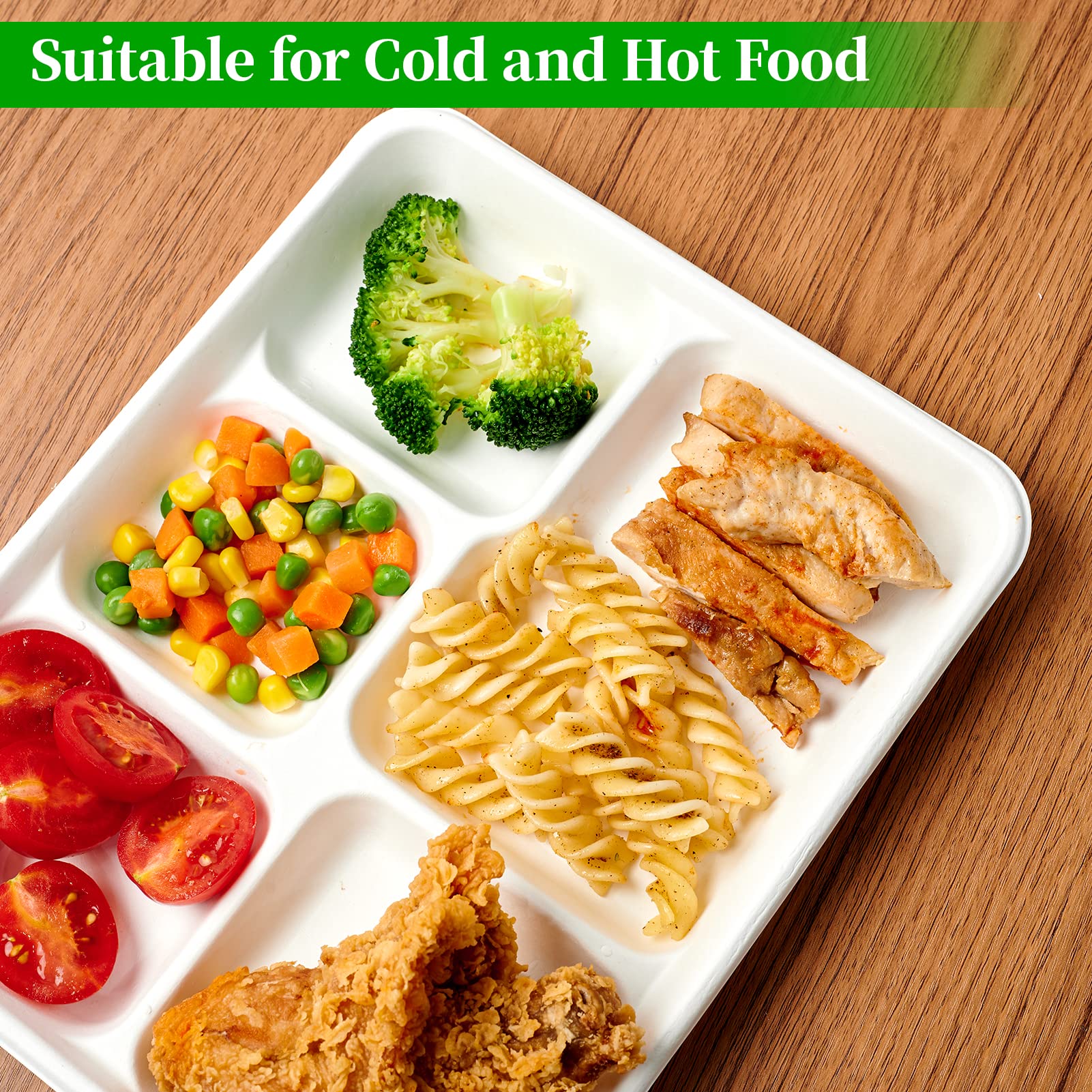 ECOLipak 100% Compostable 5 Compartment Plates, 125 Pack Disposable Paper Plates, Heavy-Duty Biodegradable Sugarcane Plates, Eco-Friendly School Lunch