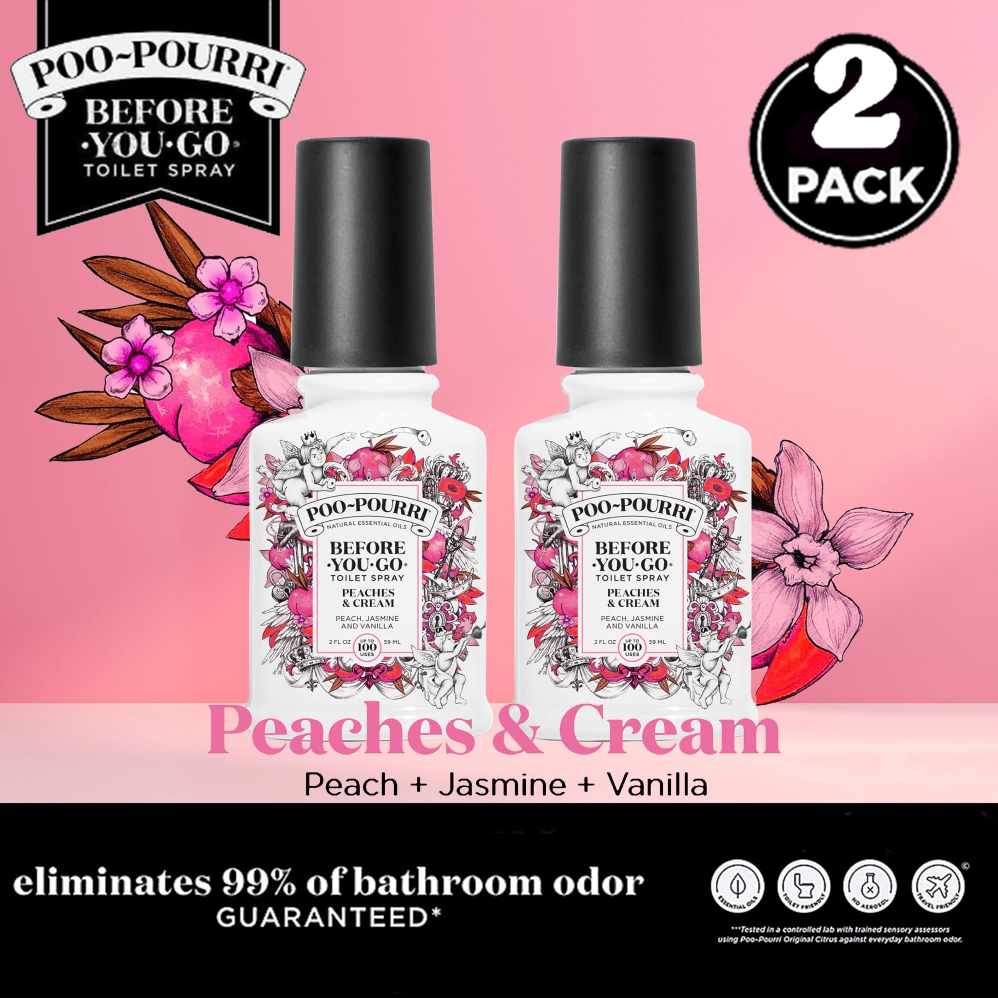 Poo-Pourri Before-You-Go Toilet Spray Peaches and Cream 2 Ounce Peach, Jasmine & Vanilla Pack of 2