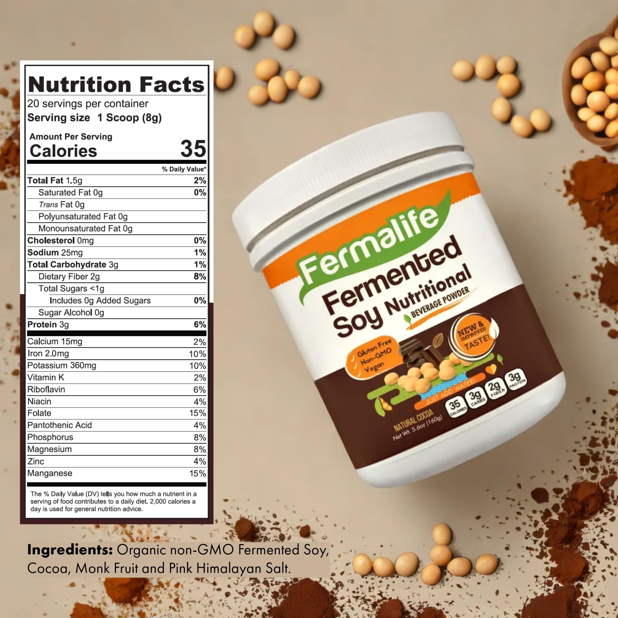 FERMALIFE USDA Organic Fermented Soy Nutritional Beverage - Mix, 5.6oz, 20 Servings, Non-GMO, Vegan, Nutrients for Your Gut Bacteria