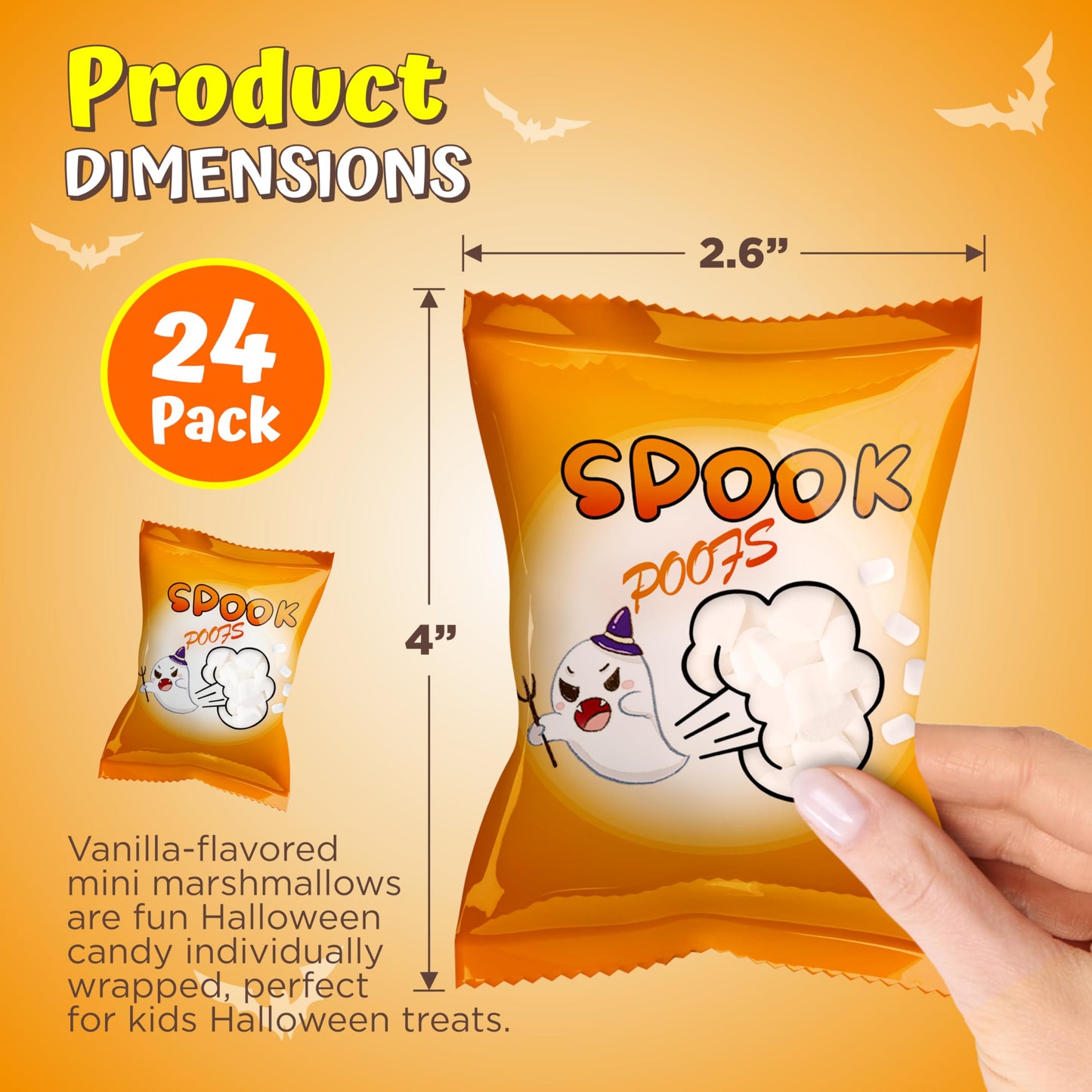 4E's Novelty 24 Pack Halloween Mini Marshmallows - Spook Poof - Indvidually Wrapped Vanilla Flavor - Halloweens Candy for Kids in Bulk, Snacks