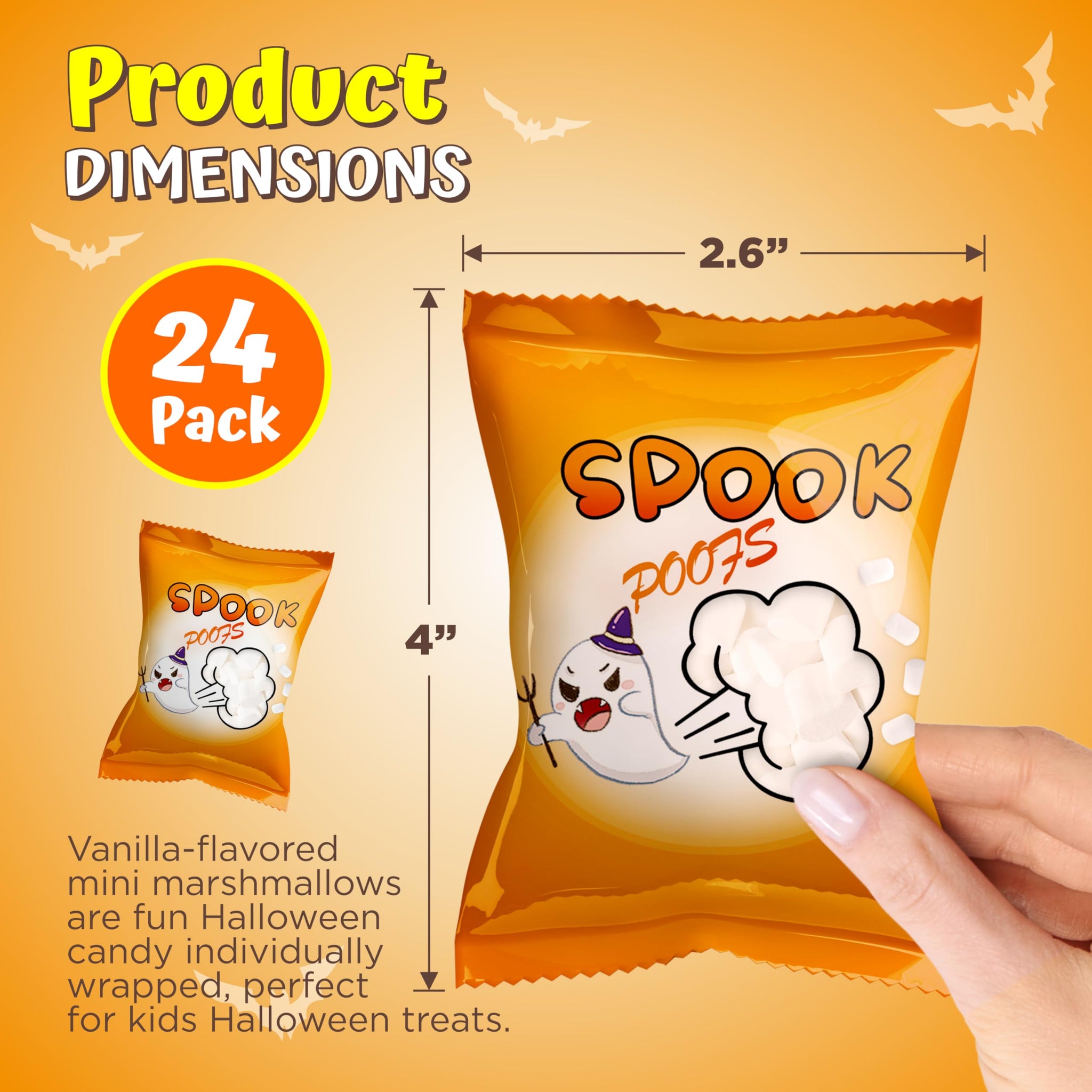 4E's Novelty 24 Pack Halloween Mini Marshmallows - Spook Poof - Indvidually Wrapped Vanilla Flavor - Halloweens Candy for Kids in Bulk, Snacks