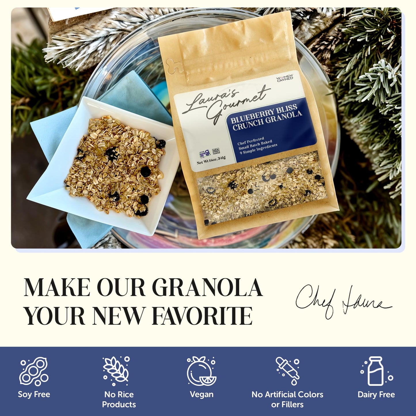 Laura's Gourmet Granola - BlueBerry Bliss Crunch - Gluten, Soy & Dairy Free - Organic Agave, Chewy Blueberries, Citrus & Flax, Vegan, Chef's Trifecta