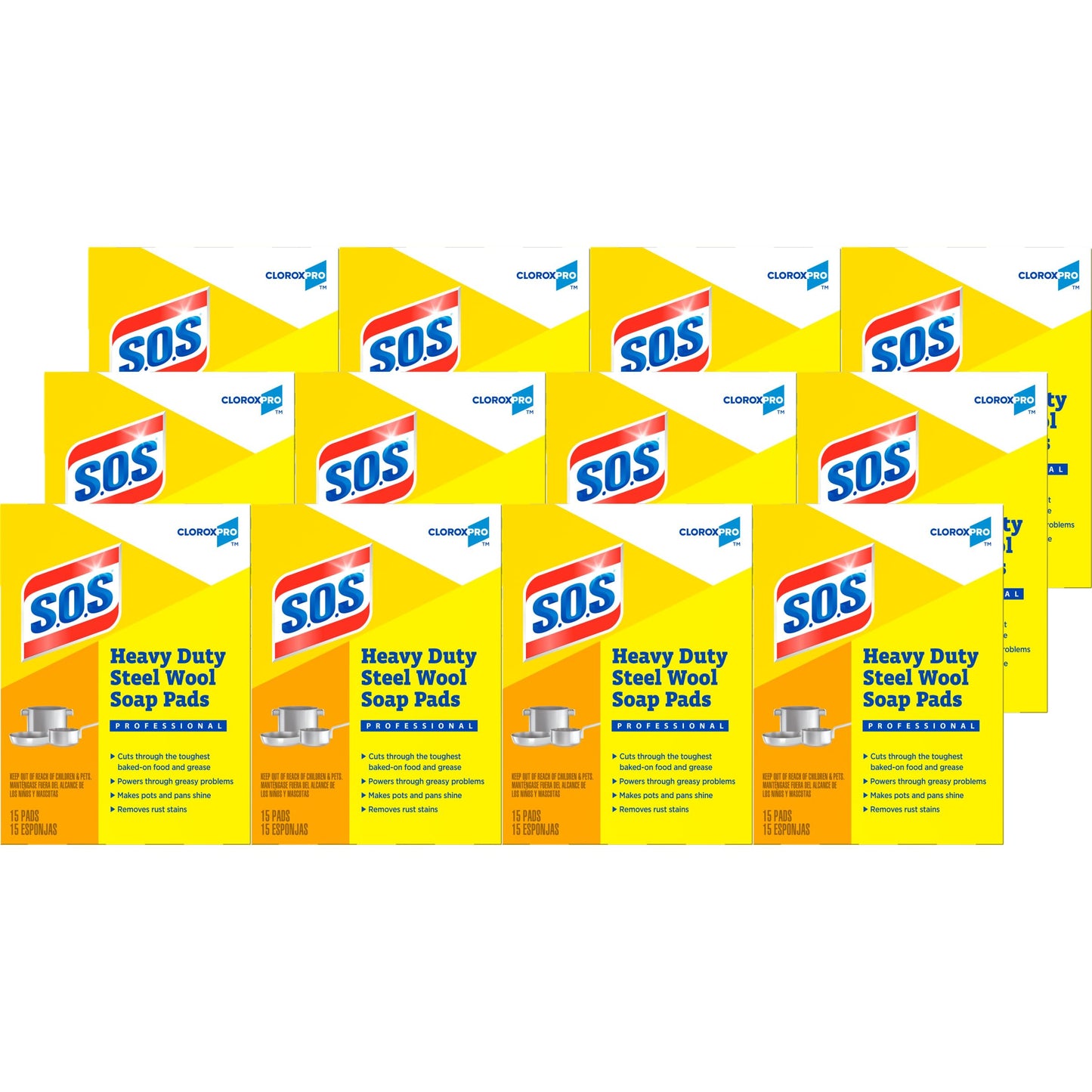 CloroxPro S.O.S Steel Wool Soap Pads, 15 Ct., Pack of 12 (Pack May Vary)